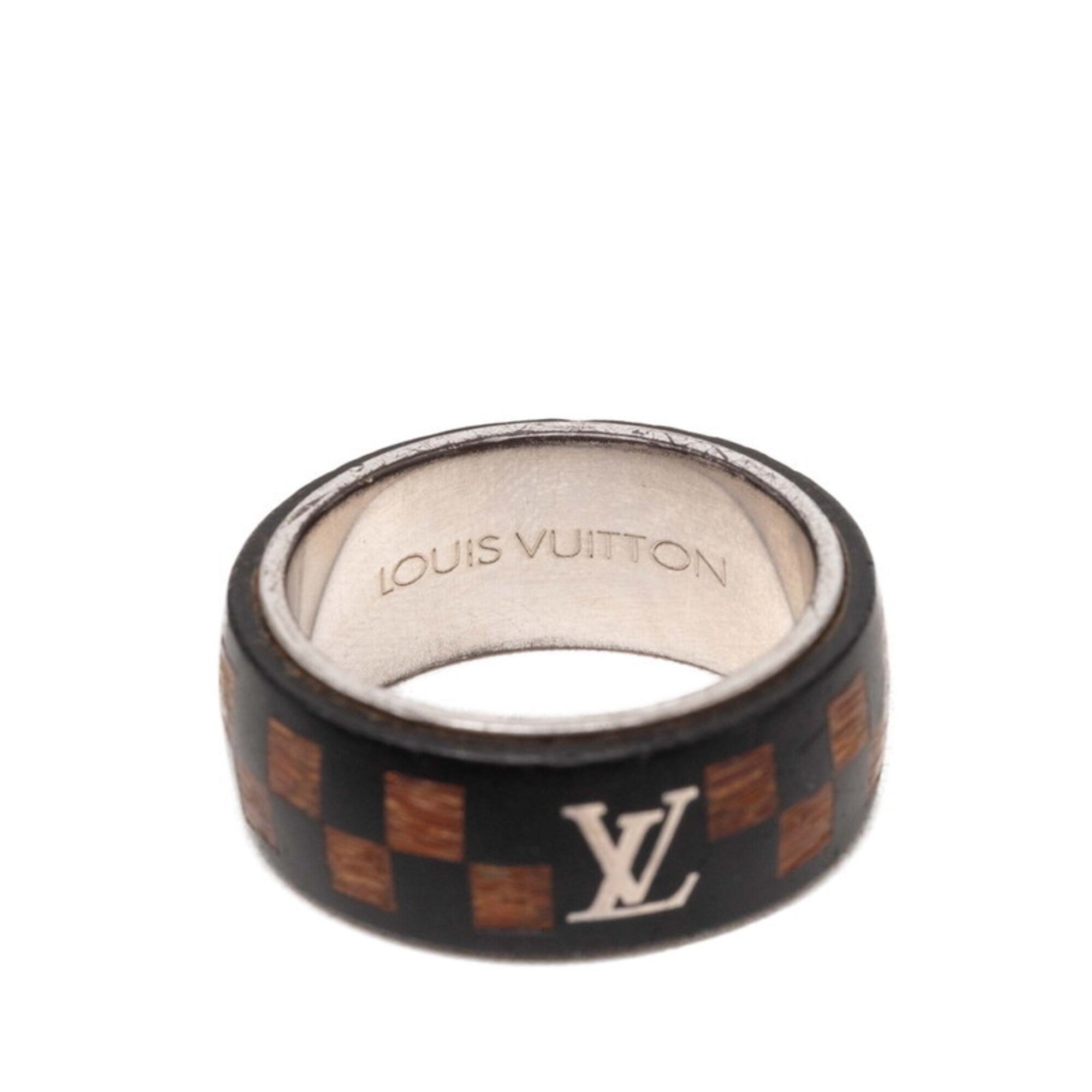Louis Vuitton Silver Brown Metal Wood Band Ring (Pre-Owned)