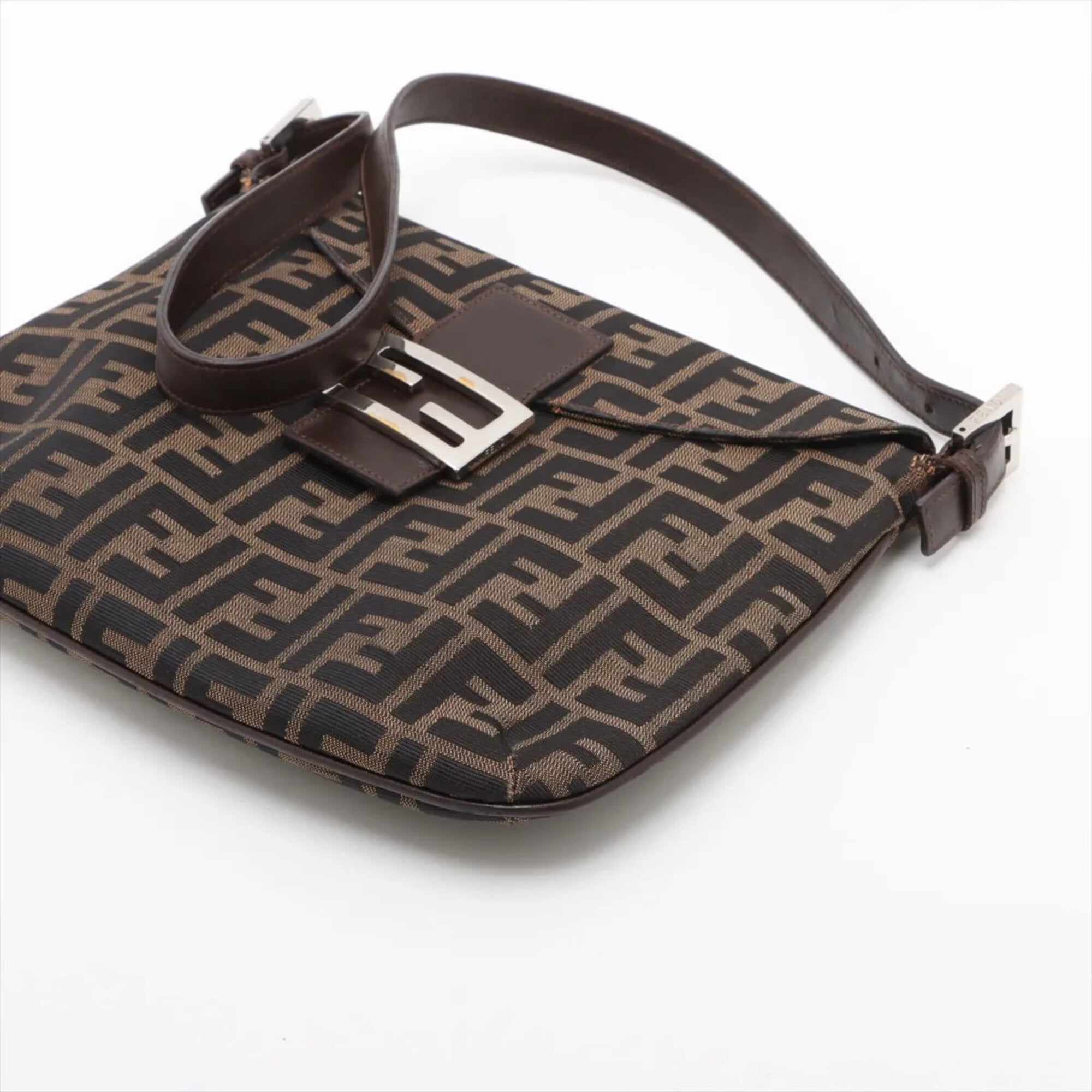 Fendi Brown Leather Canvas Handbag Shoulder Bag (Pre-Owned)