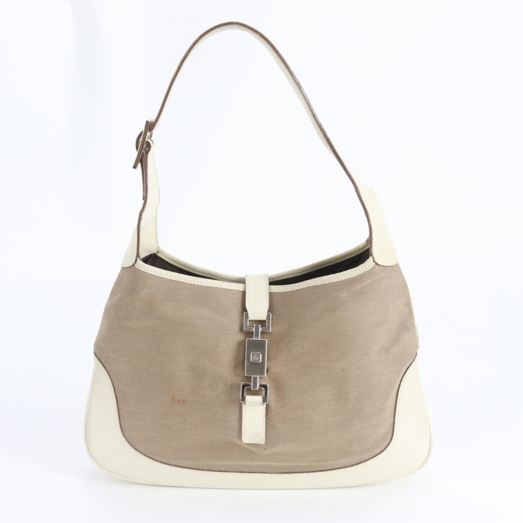 Gucci Beige Leather Canvas Handbag Shoulder Bag Tote Bag (Pre-Owned)