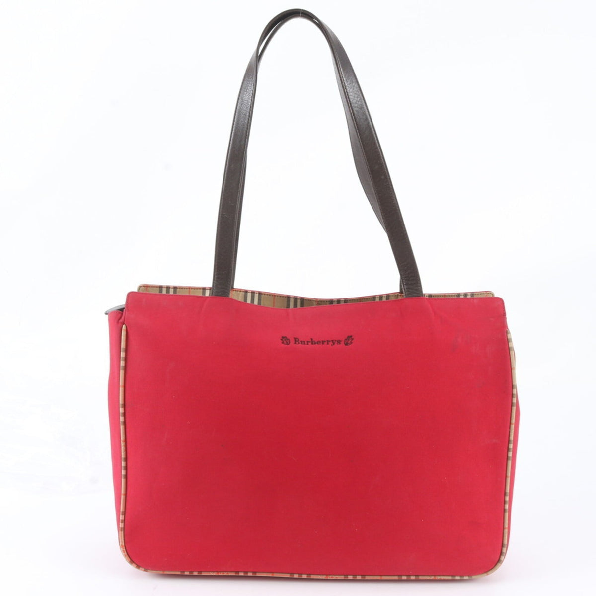Burberry Red Color Leather Canvas Handbag Shoulder Bag Tote Bag (Pre-Owned)