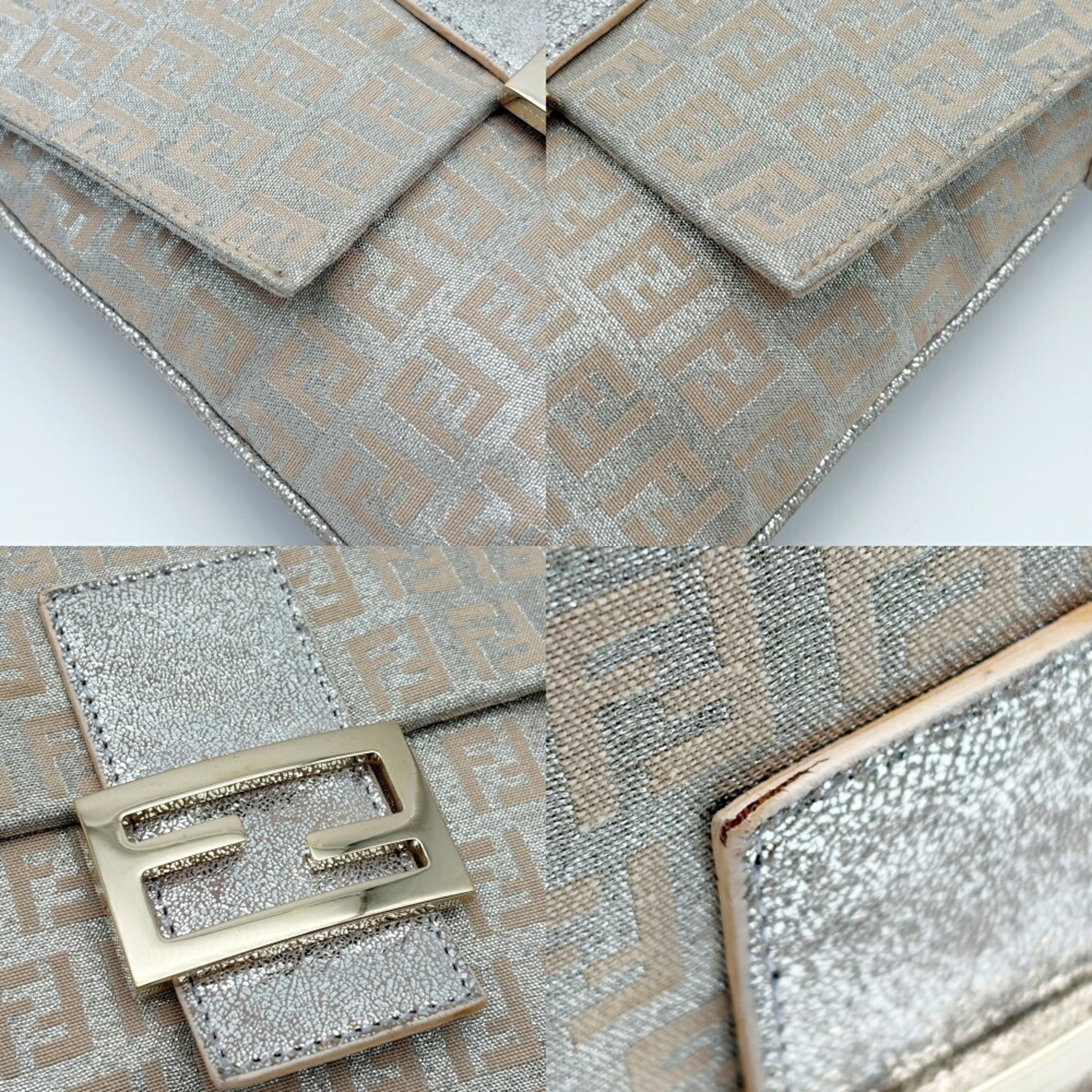 Fendi Zucchino Beige Silver Canvas Leather Pochette Shoulder Bag (Pre-Owned)