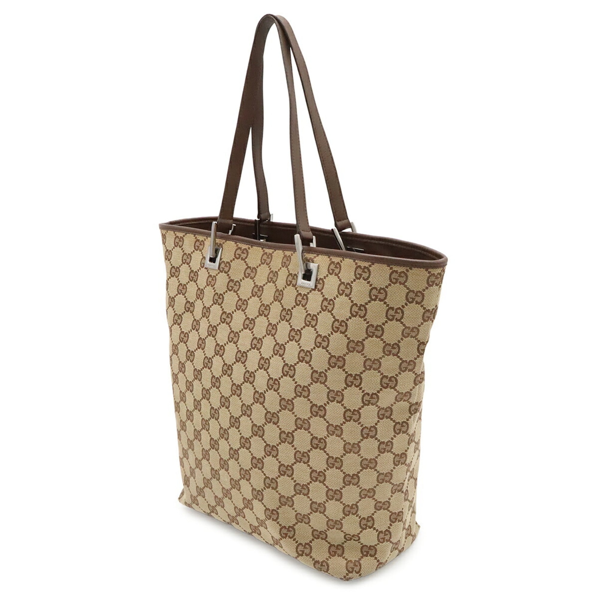 Gucci Gg Canvas Beige Dark Brown Khaki Gg Canvas Leather Shoulder Bag Tote Bag (Pre-Owned)