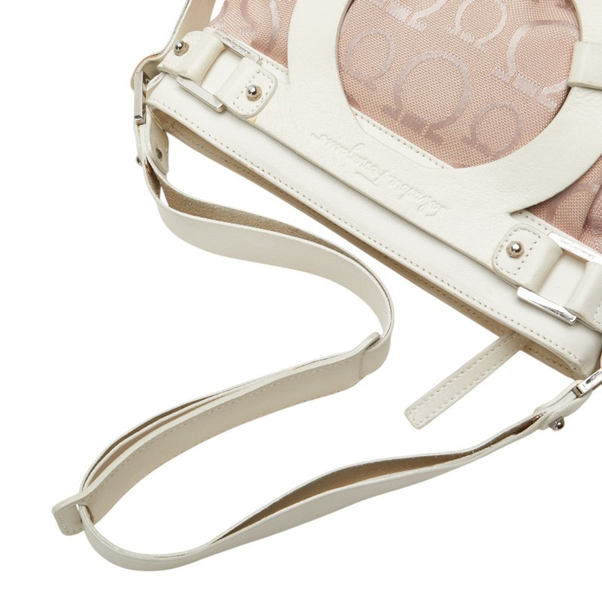 Salvatore Ferragamo Pink White Canvas Leather Shoulder Bag (Pre-Owned)