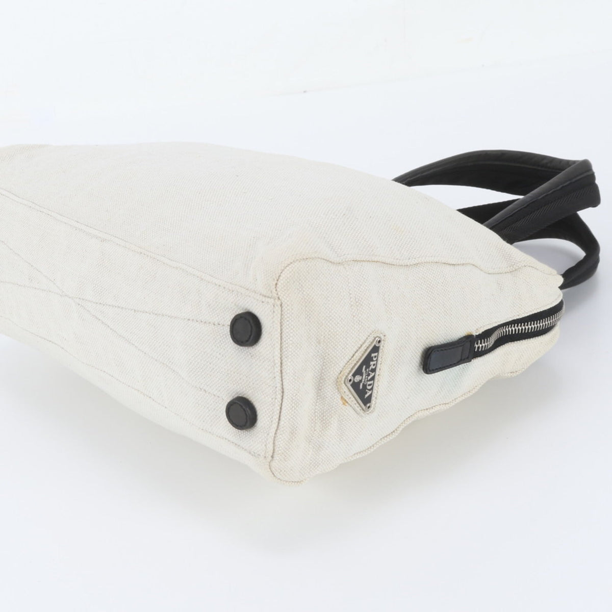 Prada Black White Leather Canvas Handbag Tote Bag (Pre-Owned)