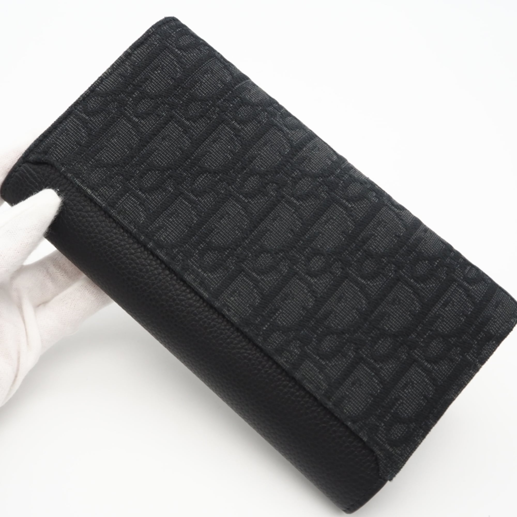Christian Dior Black Gray Leather Canvas Long Wallet (Bi-Fold) (Pre-Owned)