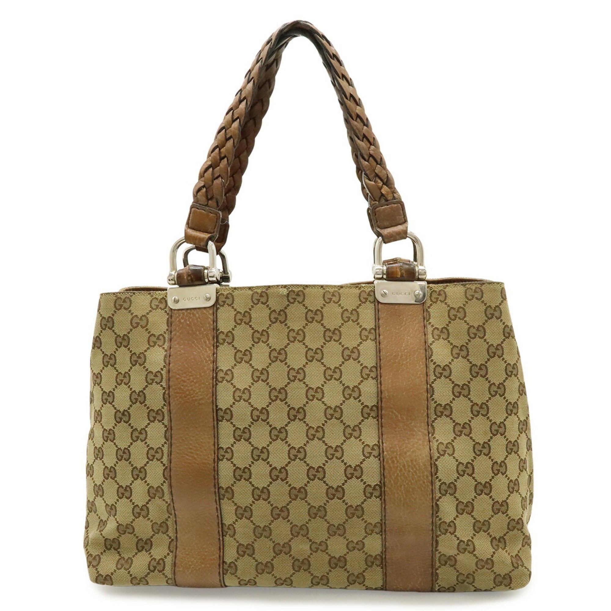 Gucci Beige Brown Canvas Leather Shoulder Bag Tote Bag (Pre-Owned)