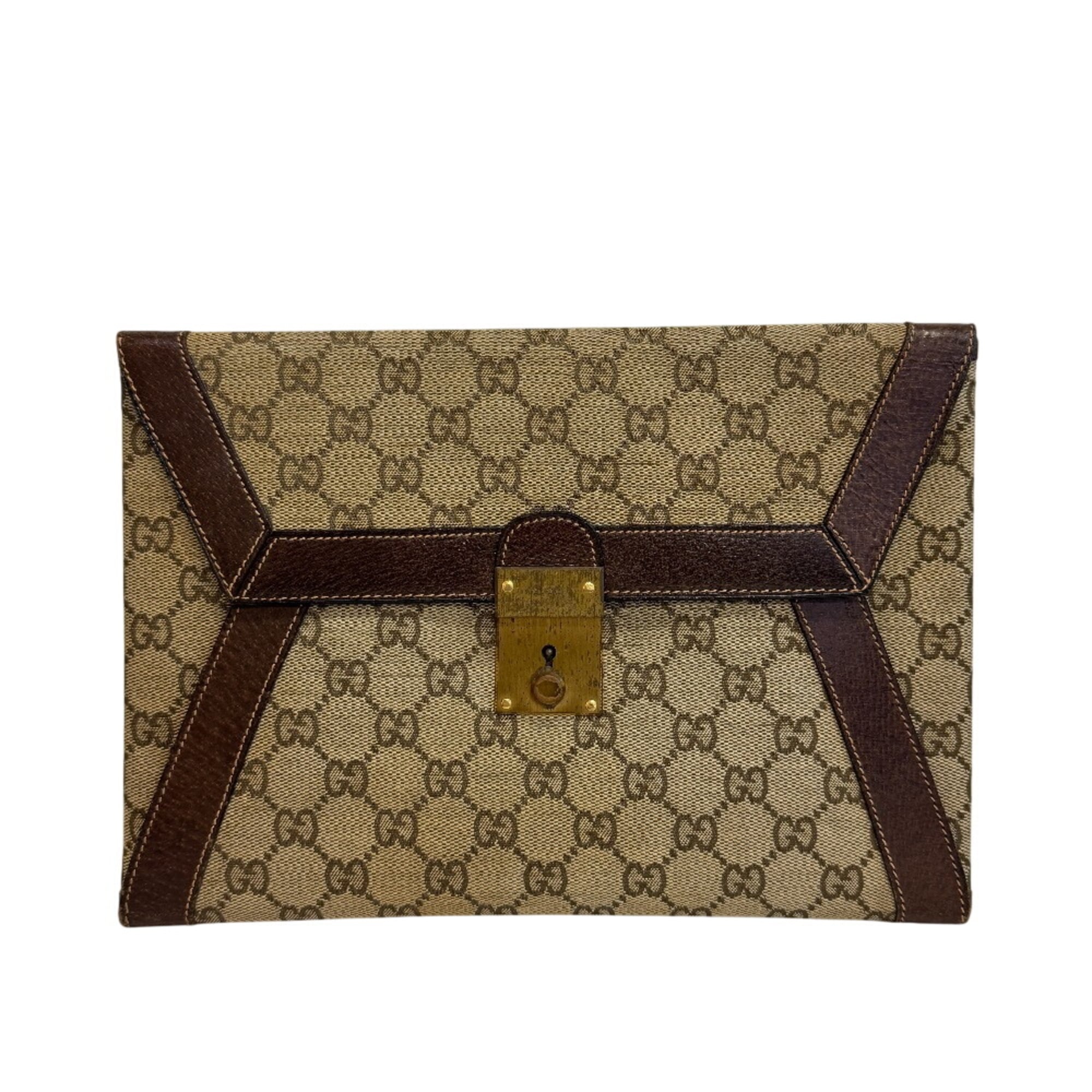 Gucci Beige Brown Canvas Leather Clutch Bag Pouch (Pre-Owned)