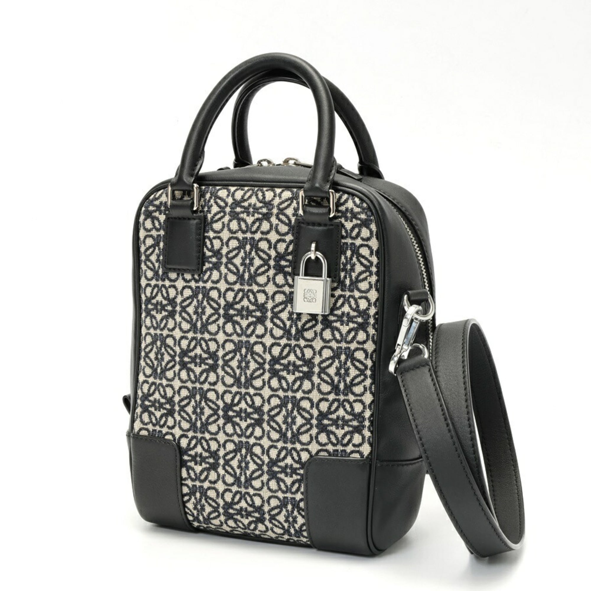 Loewe Amazona Navy Black Jacquard Leather Handbag Shoulder Bag (Pre-Owned)