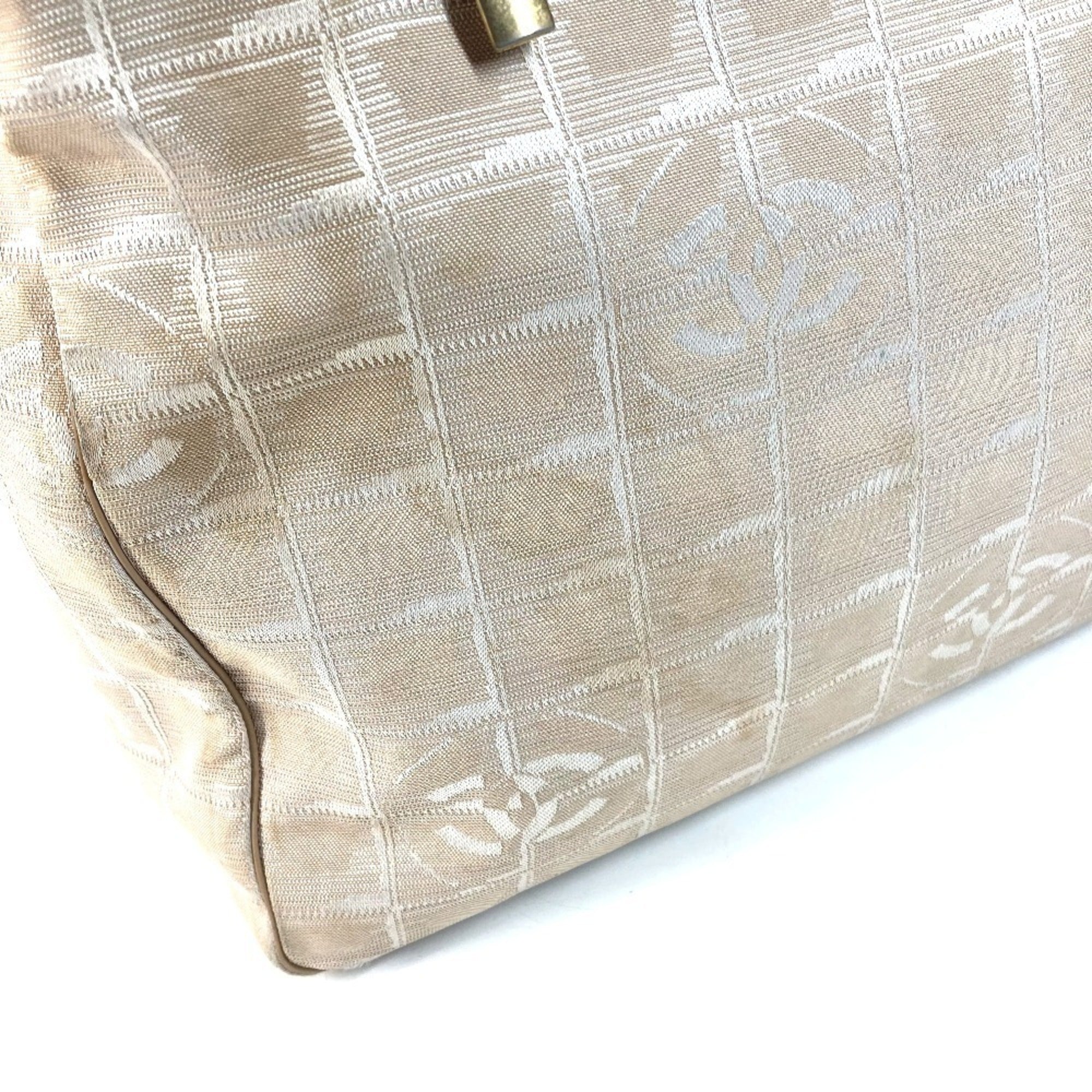 Chanel Beige Nylon Leather Shoulder Bag Tote Bag (Pre-Owned)
