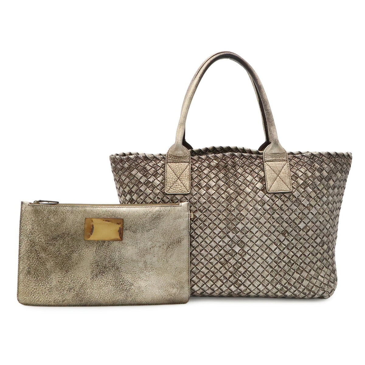 Bottega Veneta Intrecciato Gold Silver Leather Pouch Tote Bag (Pre-Owned)