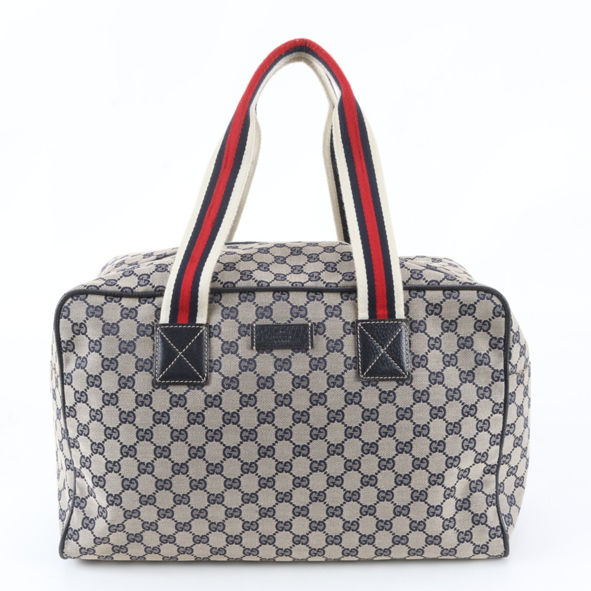 Gucci Beige Navy Leather Canvas Boston Bag Tote Bag (Pre-Owned)