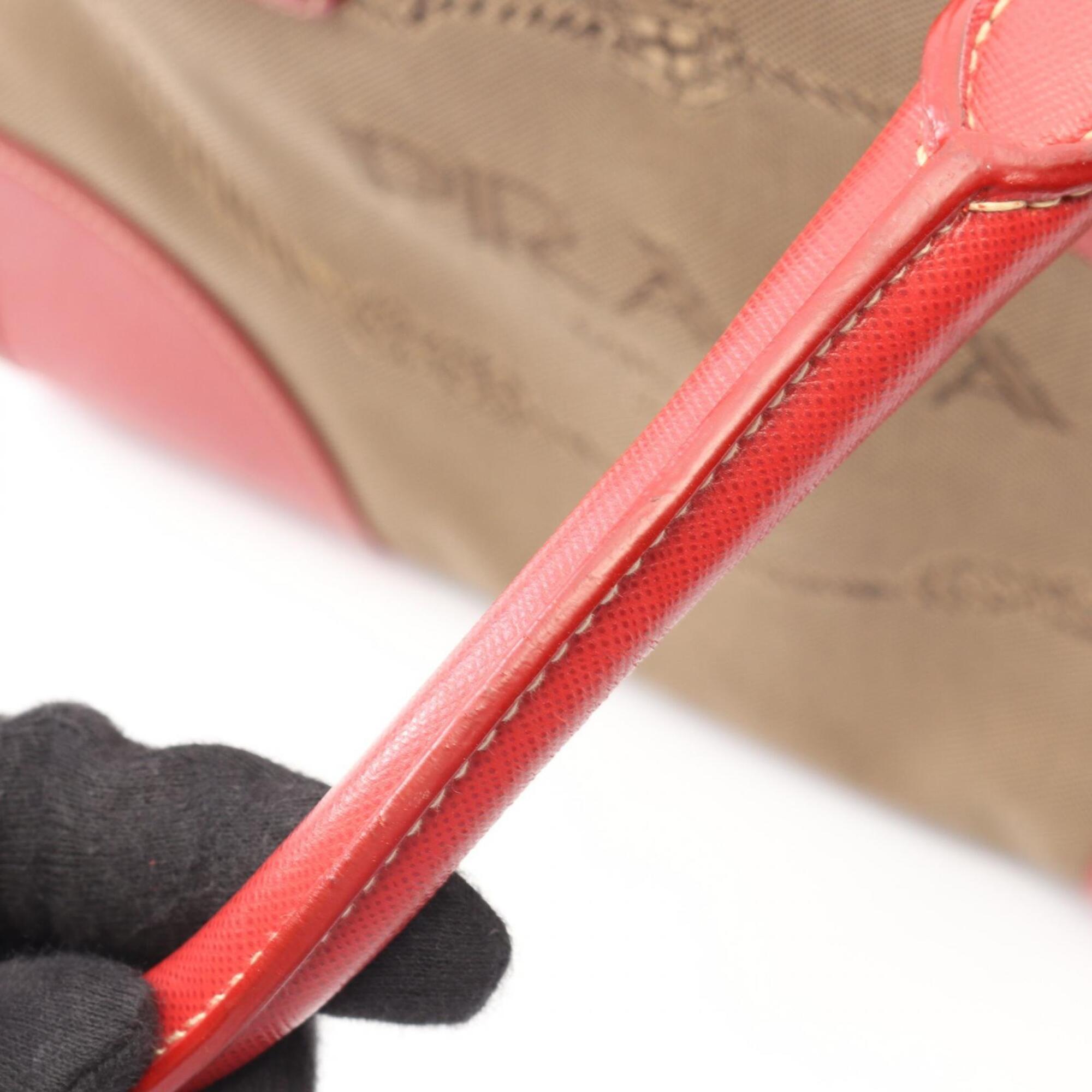 Prada Beige Red Color Canvas Leather Handbag (Pre-Owned)