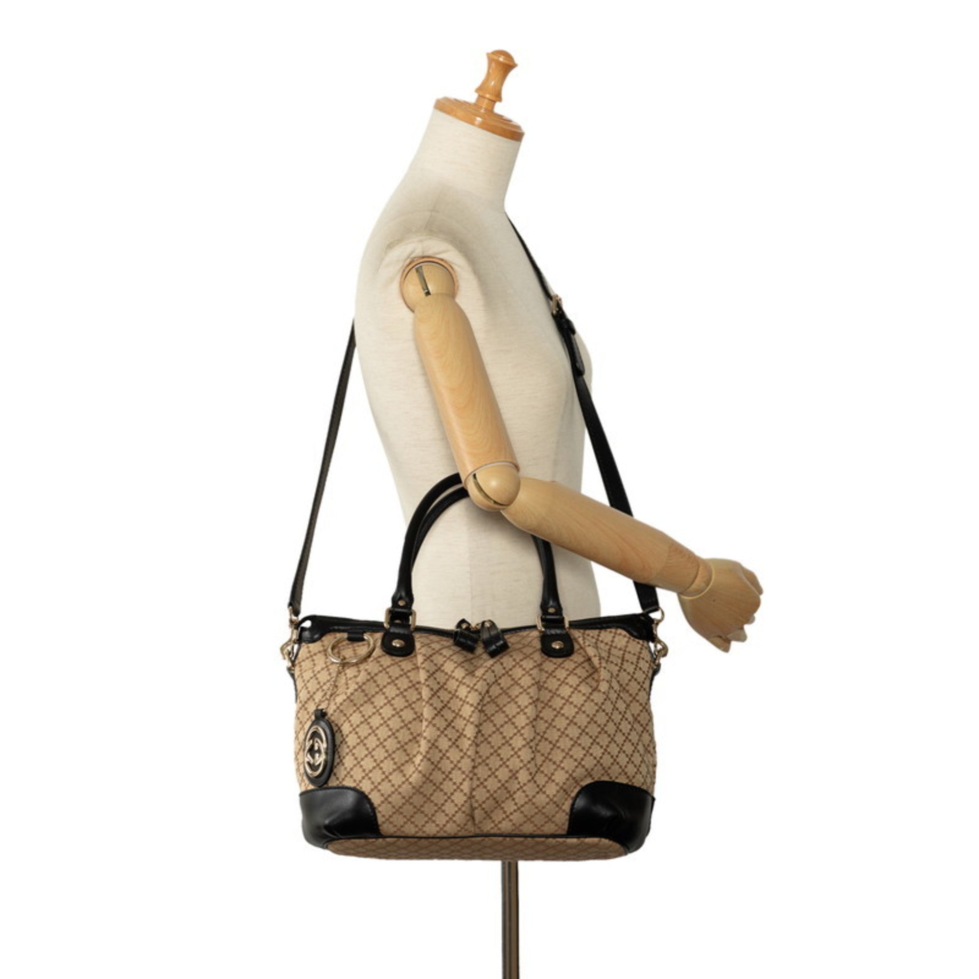 Gucci Diamante Beige Black Canvas Handbag Shoulder Bag (Pre-Owned)