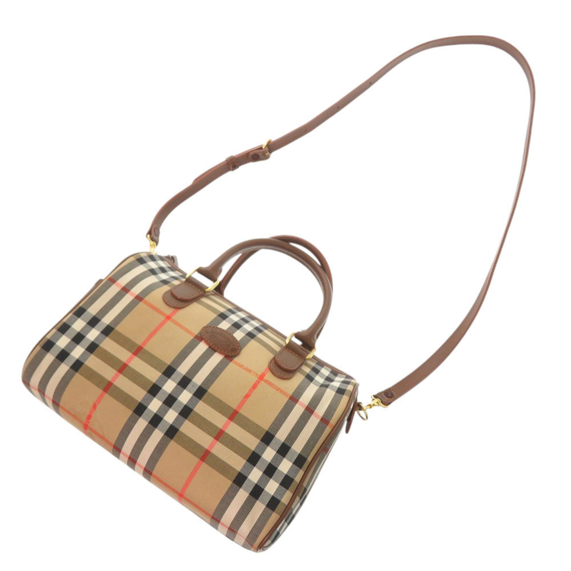 Burberry Beige Brown Canvas Leather Boston Bag Handbag Shoulder Bag (Pre-Owned)