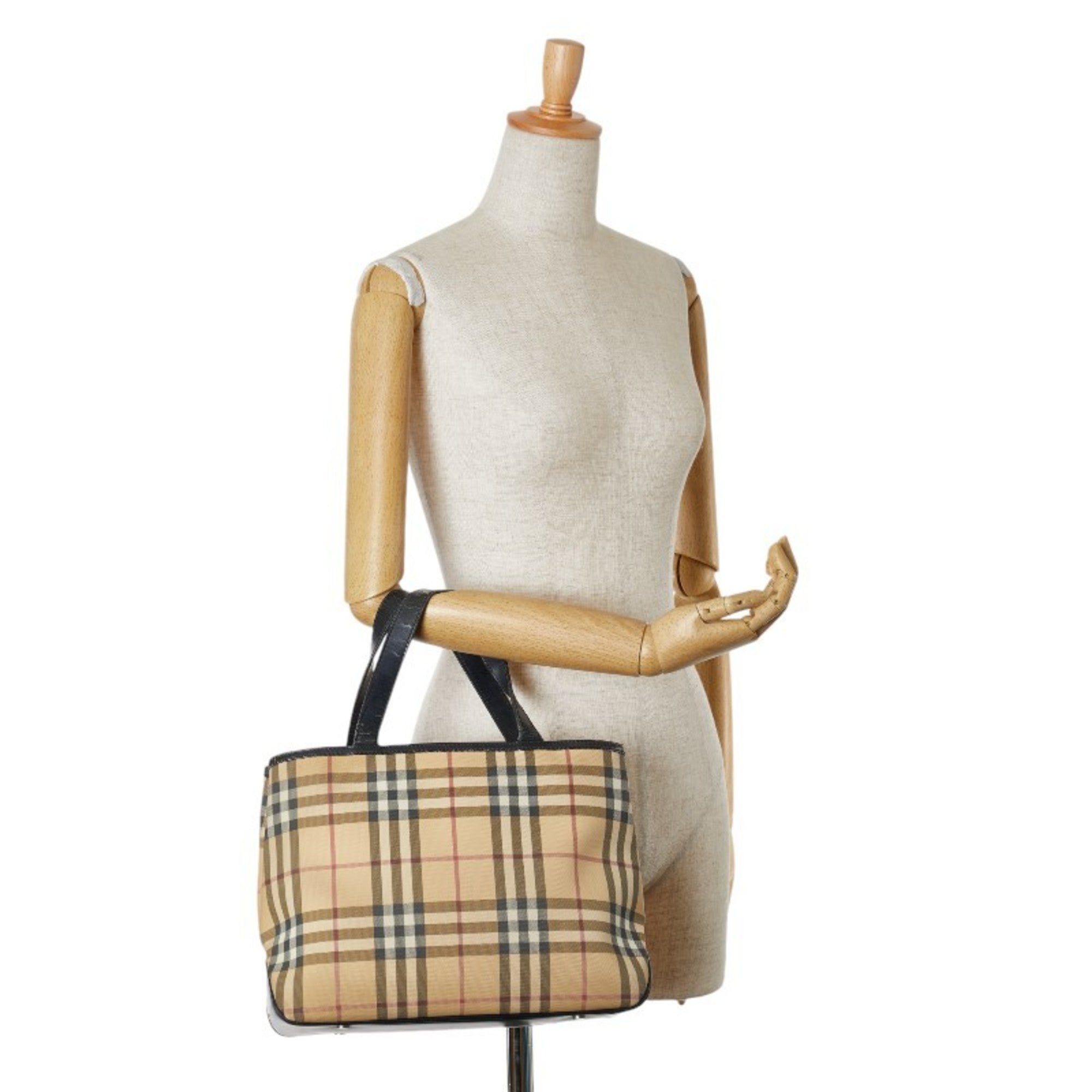 Burberry Beige Black Canvas Leather Handbag (Pre-Owned)