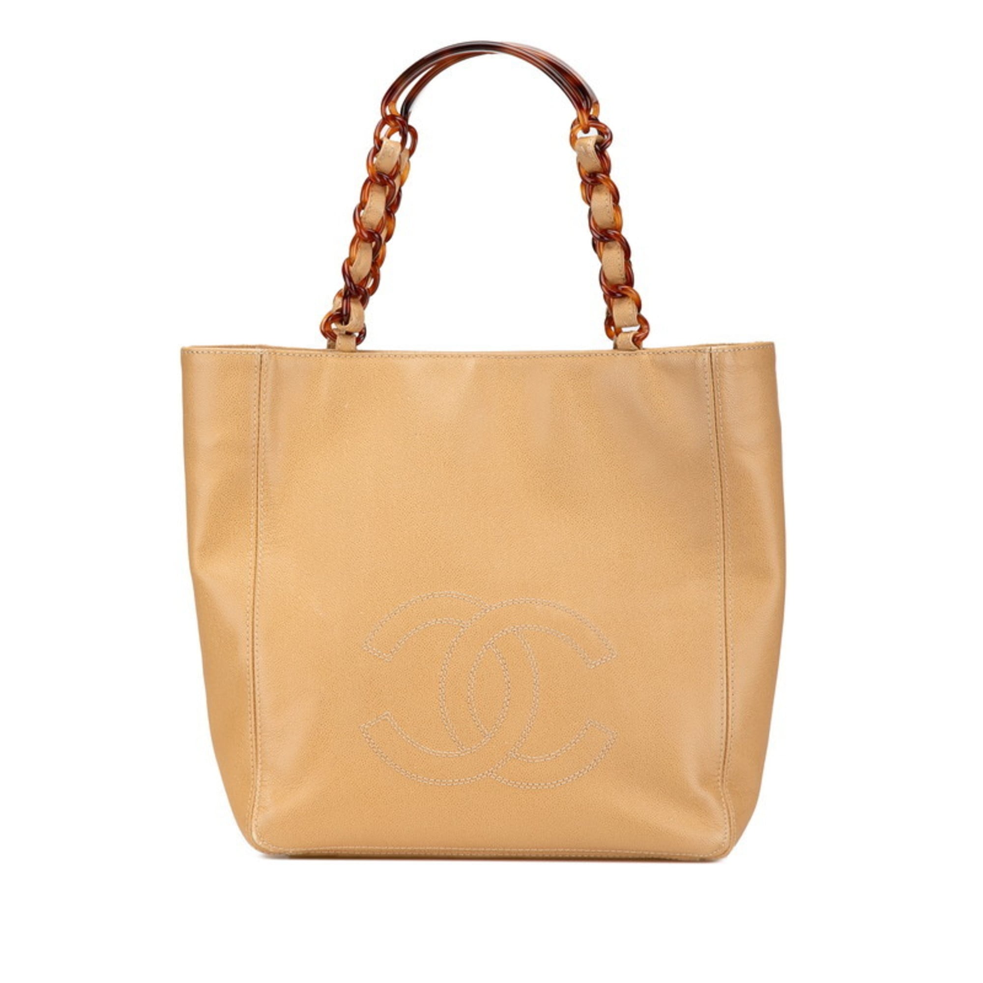 Chanel Beige Grained Calfskin Plastic Shoulder Bag Tote Bag (Pre-Owned)
