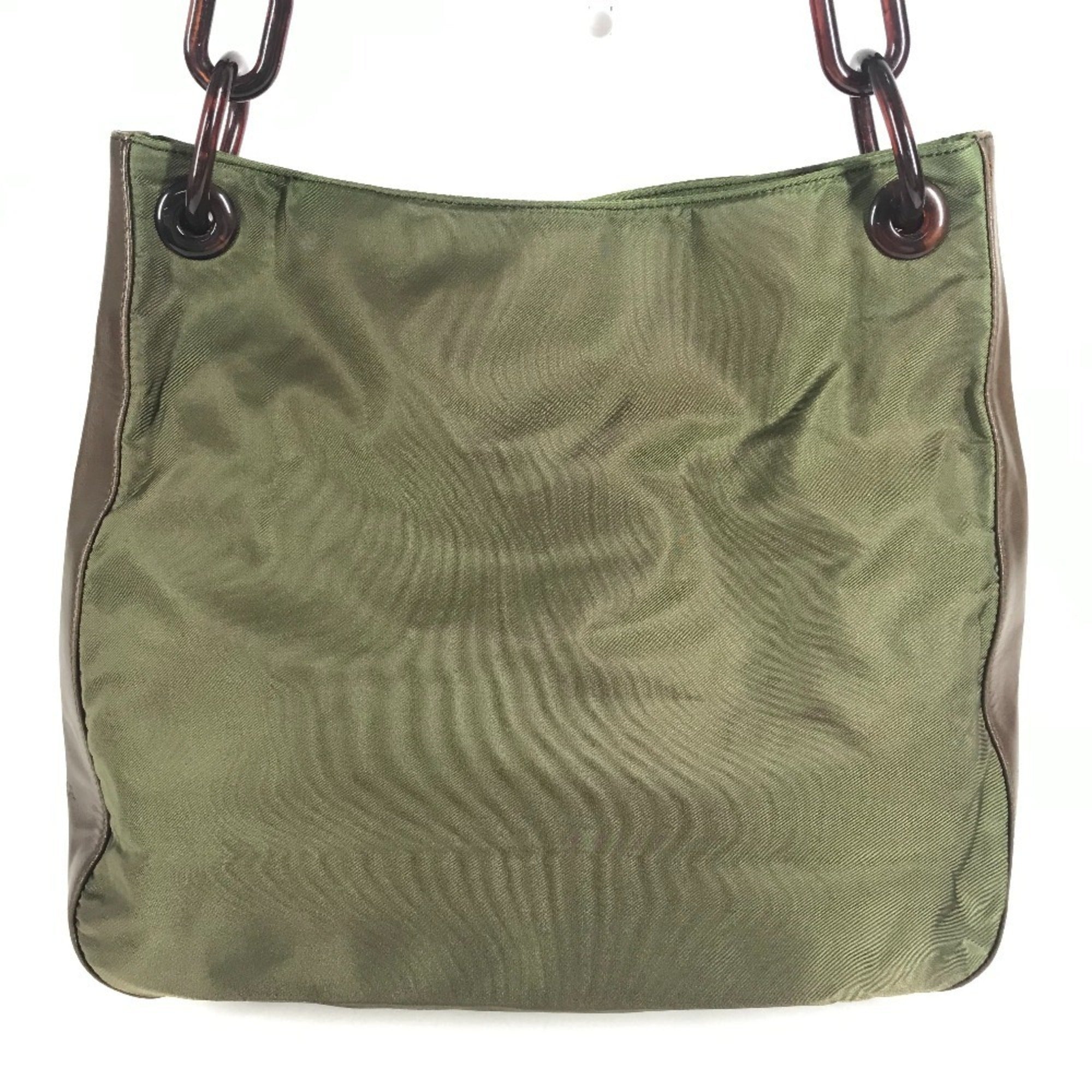 Prada Brown Khaki Leather Nylon Shoulder Bag Tote Bag (Pre-Owned)
