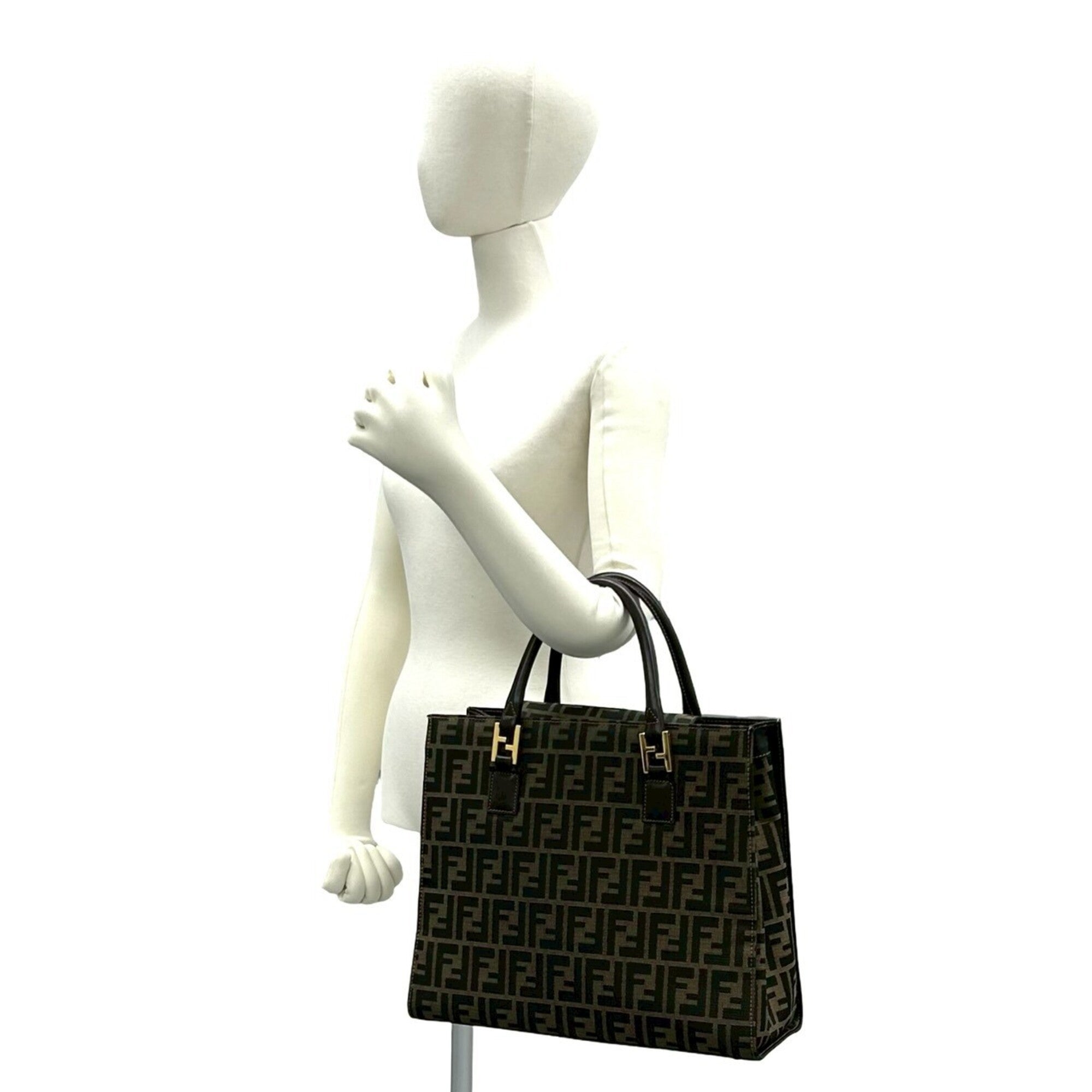 Fendi Black Brown Khaki Canvas Leather Handbag Tote Bag (Pre-Owned)