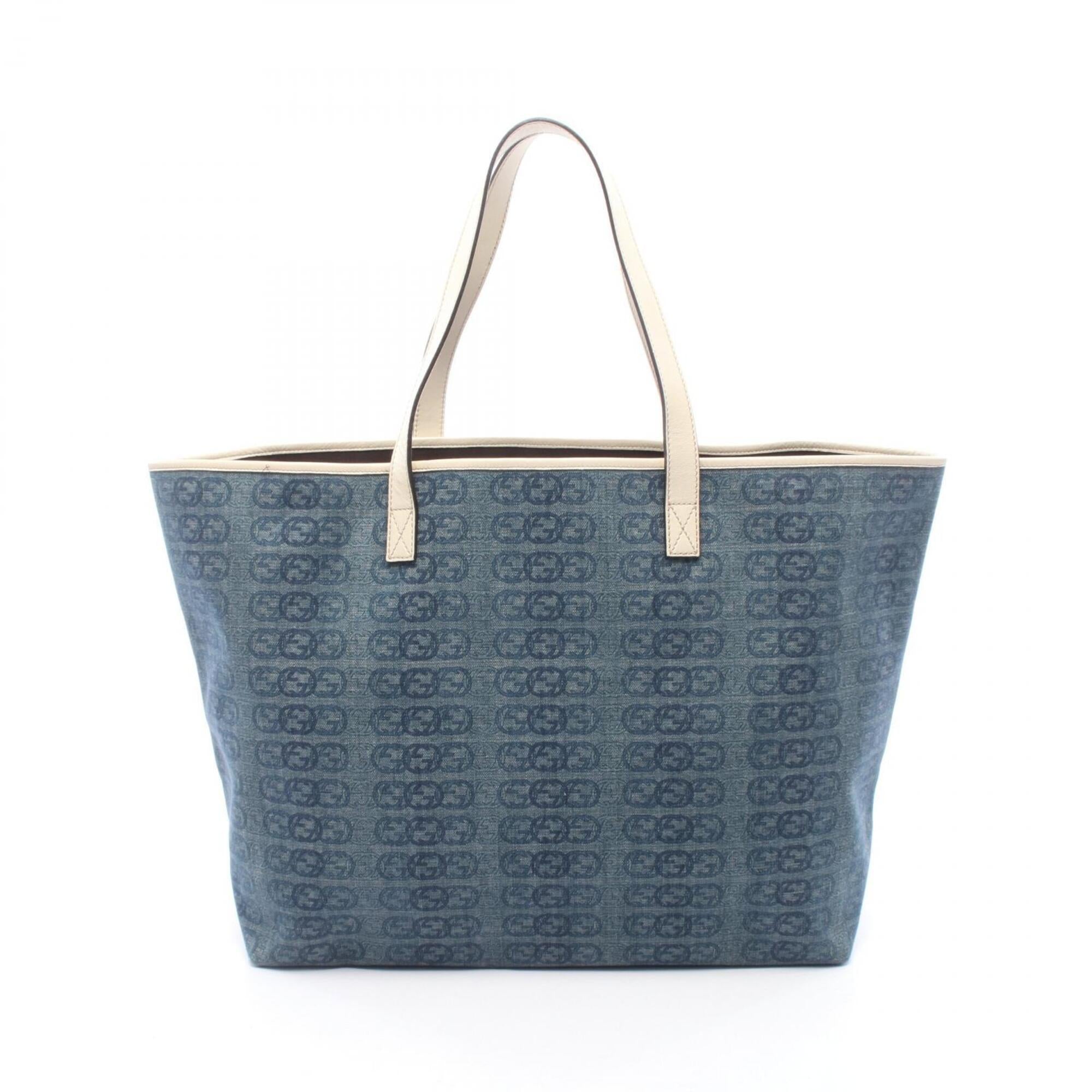 Gucci Navy White Denim Leather Handbag Tote Bag (Pre-Owned)