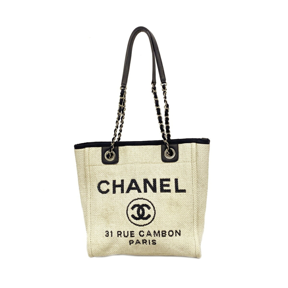 Chanel Ivory Navy Raffia Tote Bag (Pre-Owned)