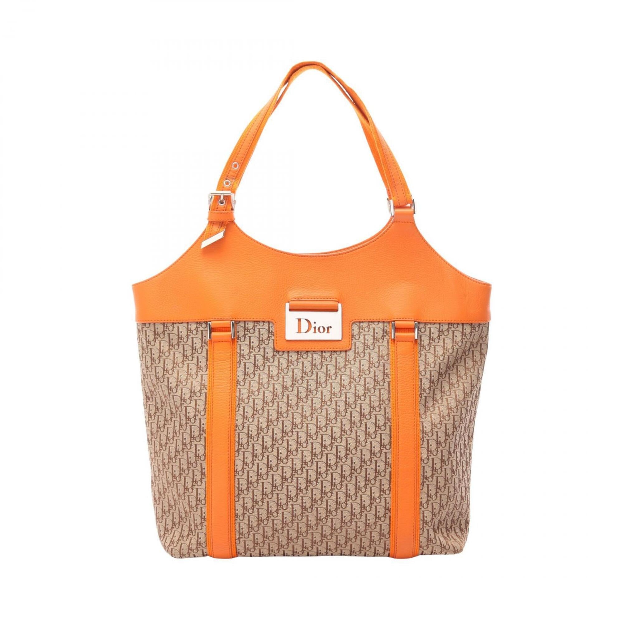 Christian Dior Beige Orange Coated Canvas Leather Handbag Tote Bag (Pre-Owned)