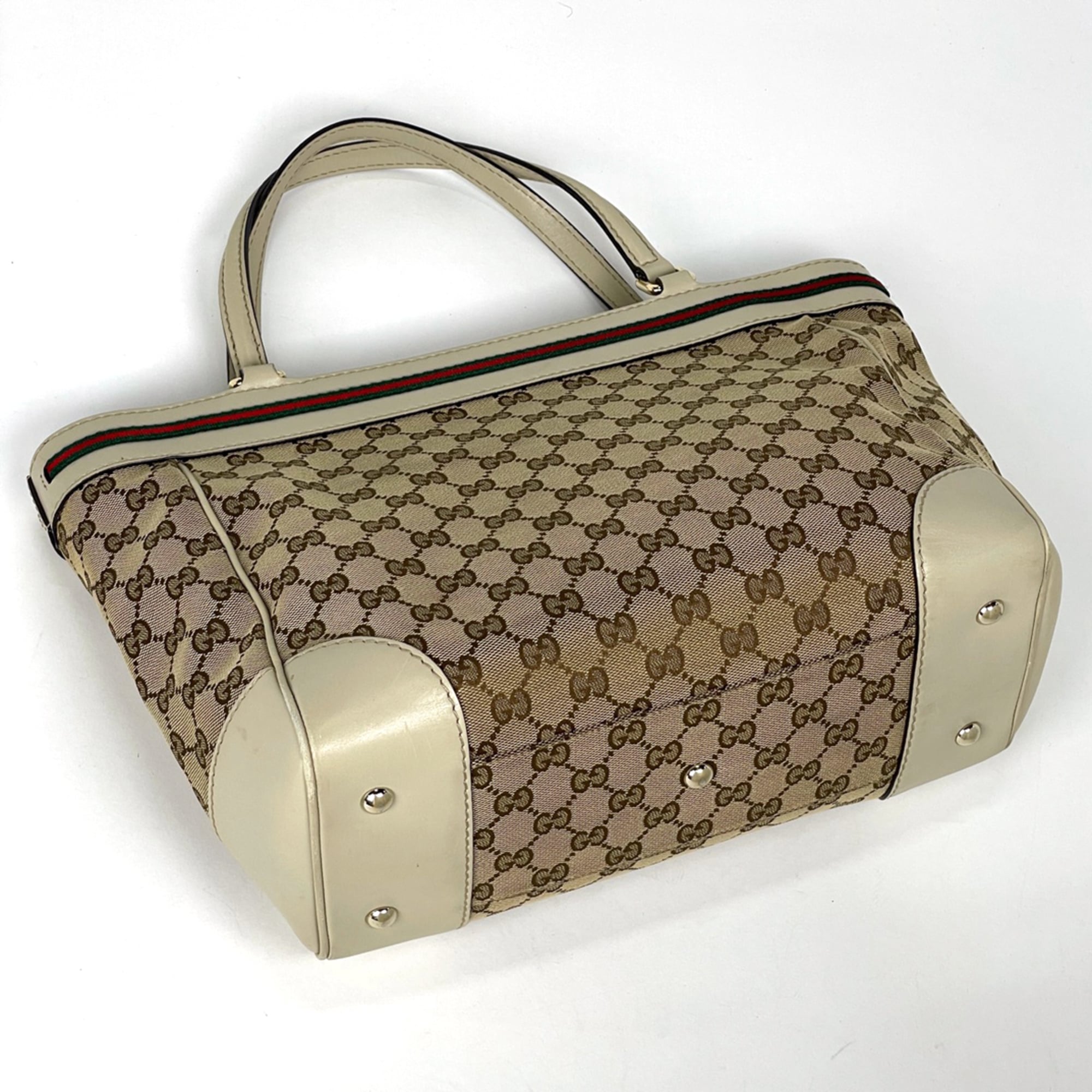 Gucci Sherry Line Beige Ivory Gg Canvas Leather Tote Bag (Pre-Owned)