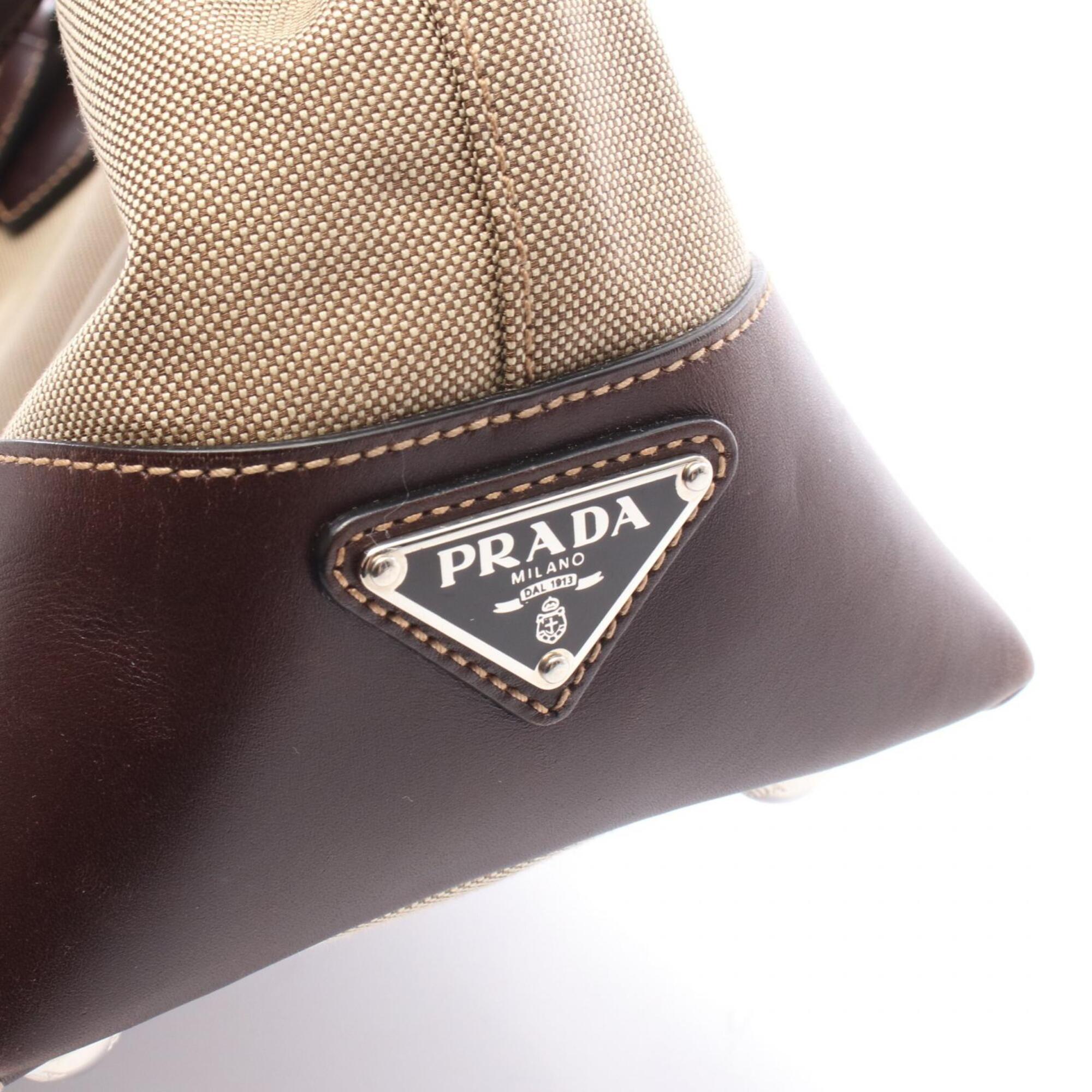 Prada Beige Brown Canvas Leather Handbag Tote Bag (Pre-Owned)