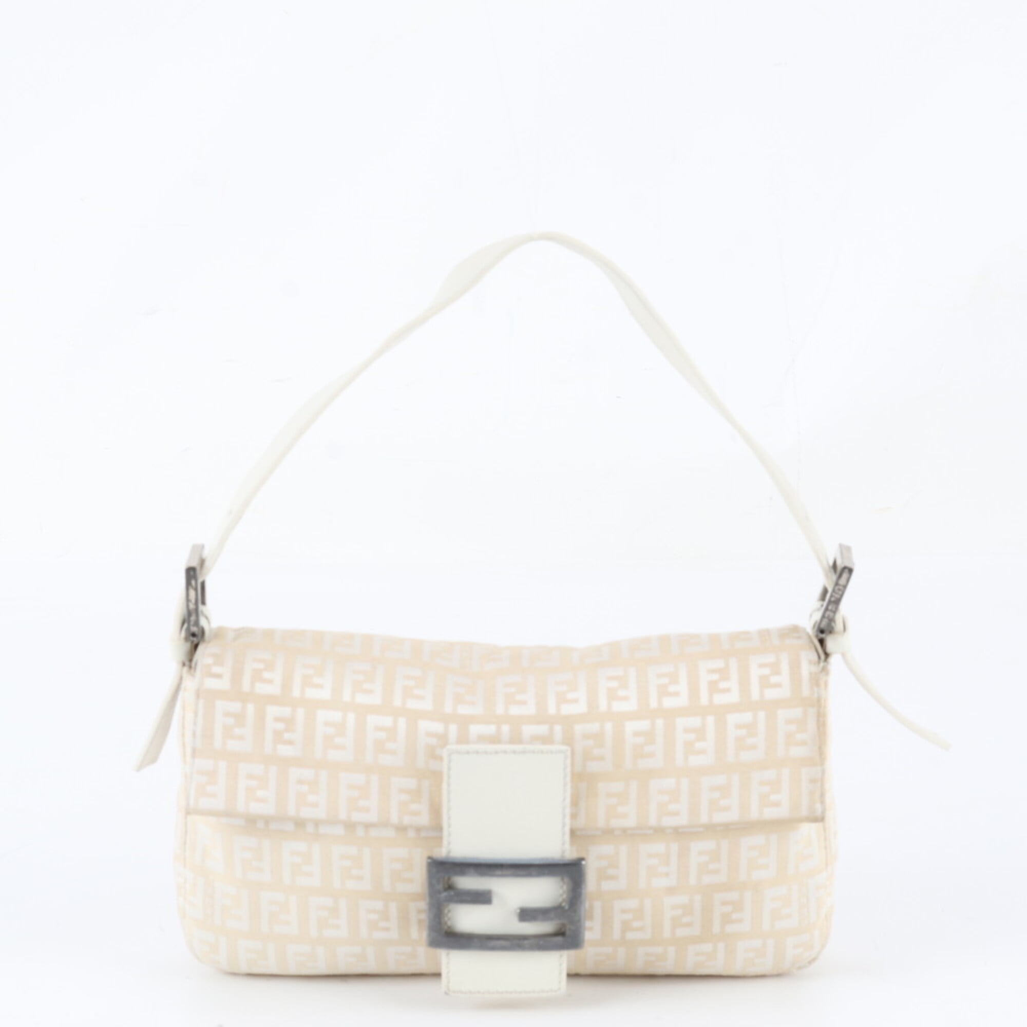 Fendi White Leather Canvas Handbag Shoulder Bag Tote Bag (Pre-Owned)