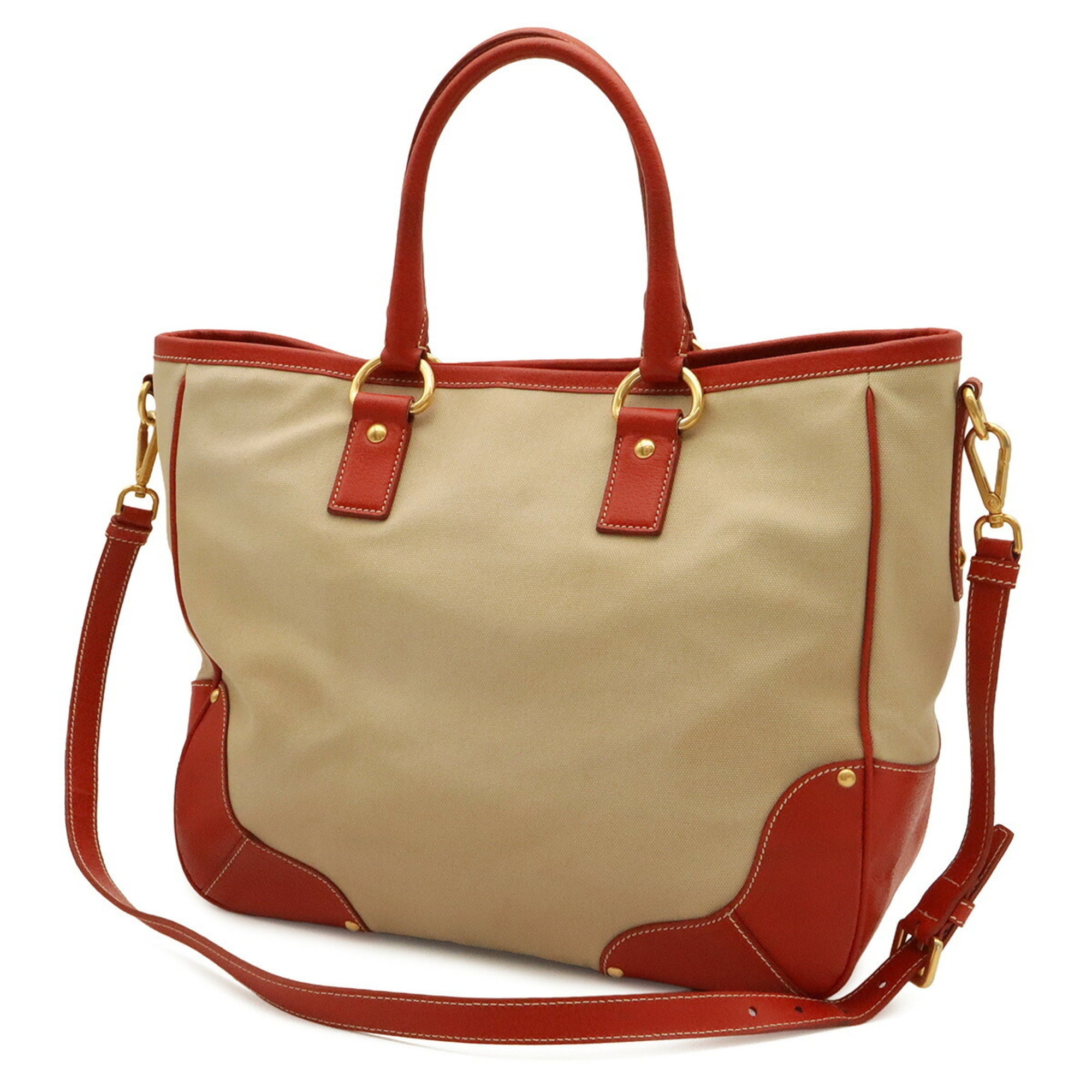 Prada Beige Red Color Canvas Leather Shoulder Bag Tote Bag (Pre-Owned)