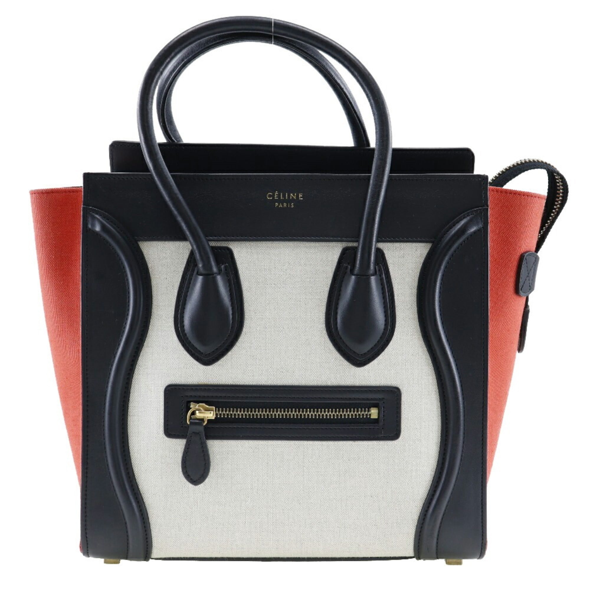 Celine Luggage Beige Black Orange Canvas Leather Handbag (Pre-Owned)