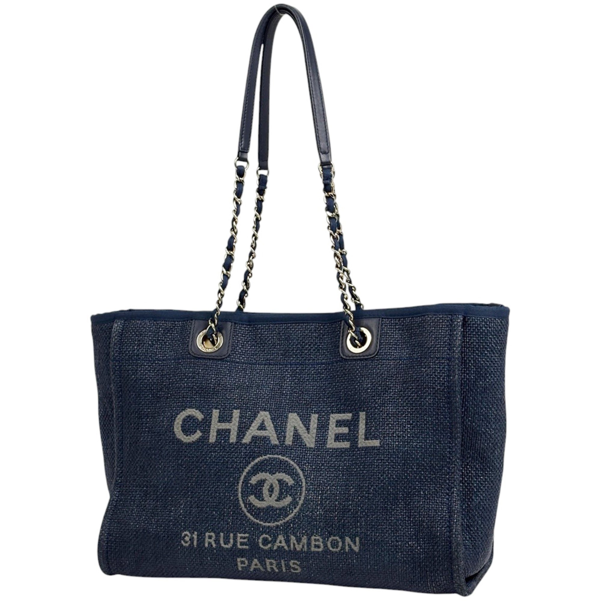 Chanel Deauville Navy Straw Leather Tote Bag (Pre-Owned)