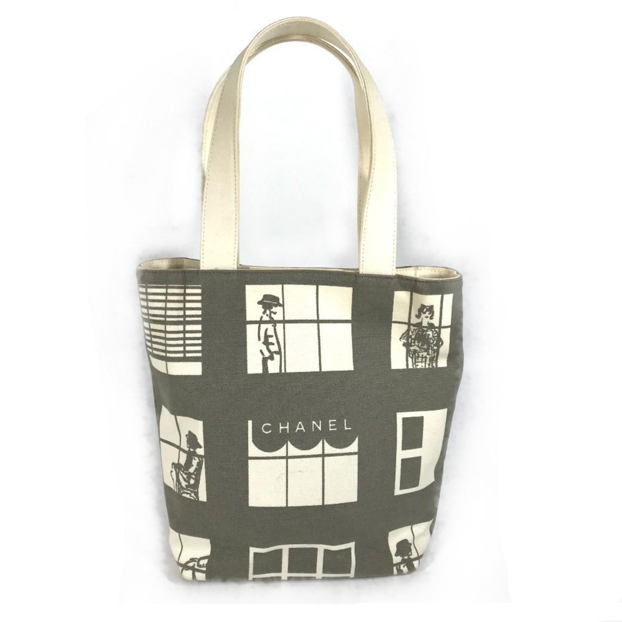 Chanel Gray White Canvas Handbag Shoulder Bag Tote Bag (Pre-Owned)