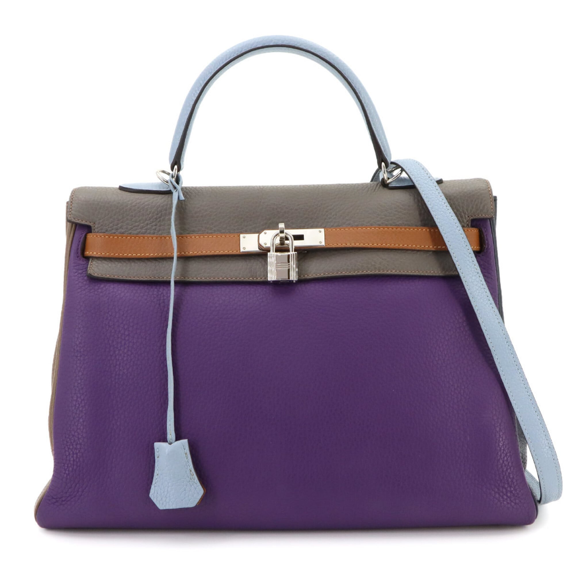 Hermes Blue Lin Blue Obscurs Brown Etain Etoupe Gray Taurillon Clemence Leather Handbag (Pre-Owned)