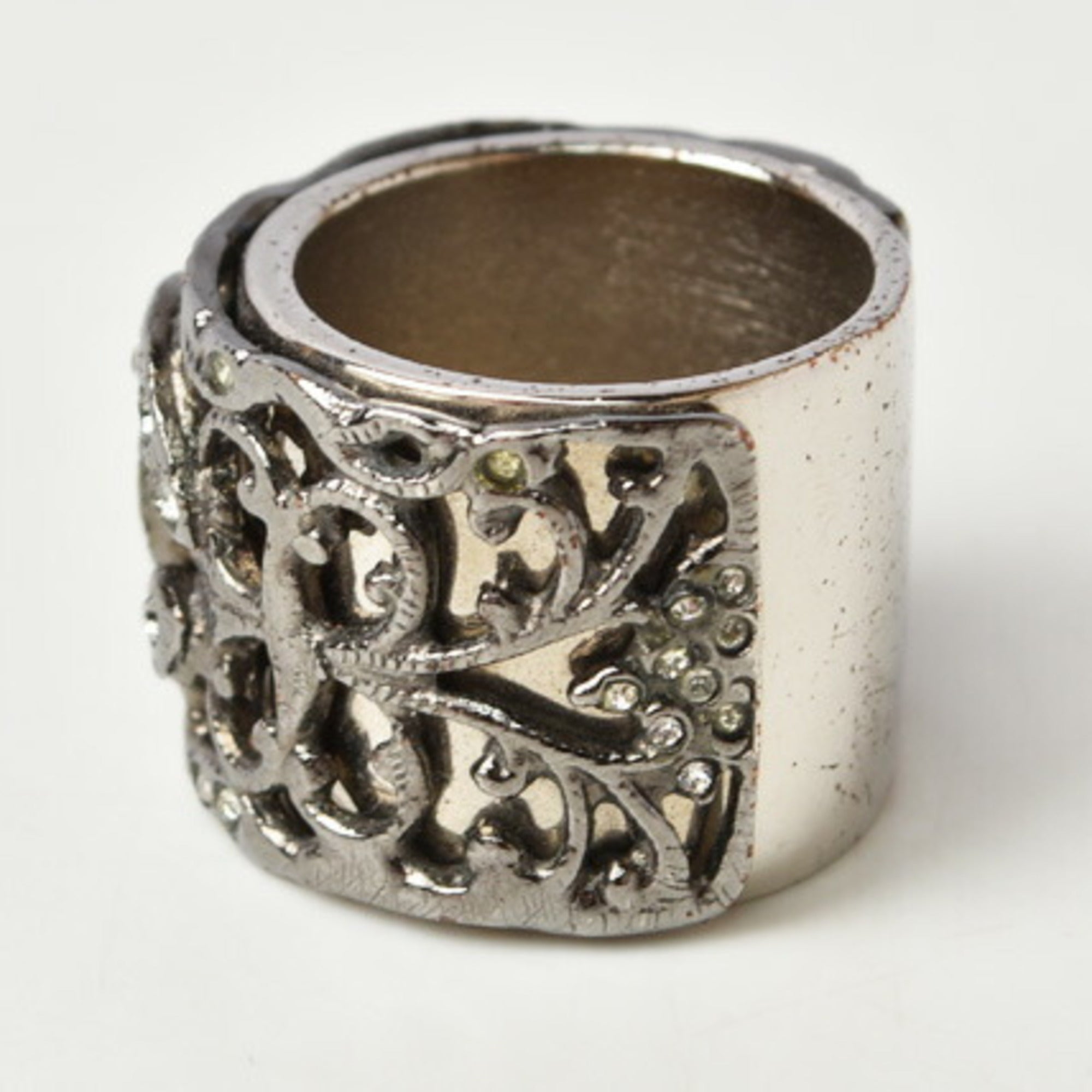 Chanel Gunmetal Metal Rhinestone Band Ring (Pre-Owned)