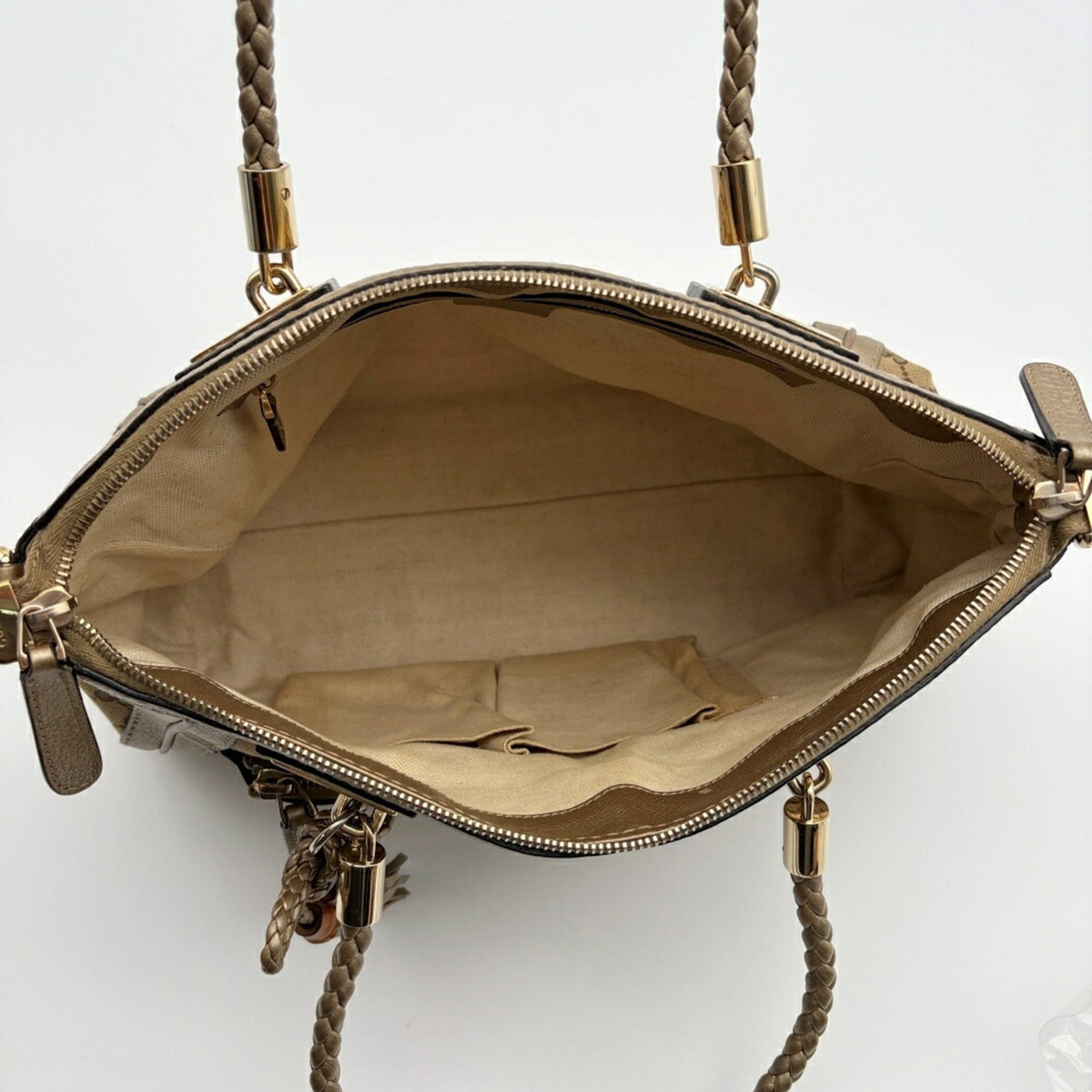 Gucci Gg Canvas Beige Gold Gg Canvas Leather Bamboo Shoulder Bag (Pre-Owned)