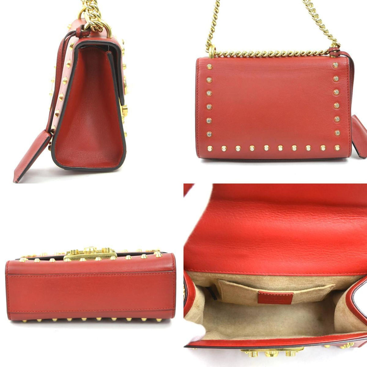 Gucci Red Color Leather Artificial Pearl Metal Shoulder Bag (Pre-Owned)
