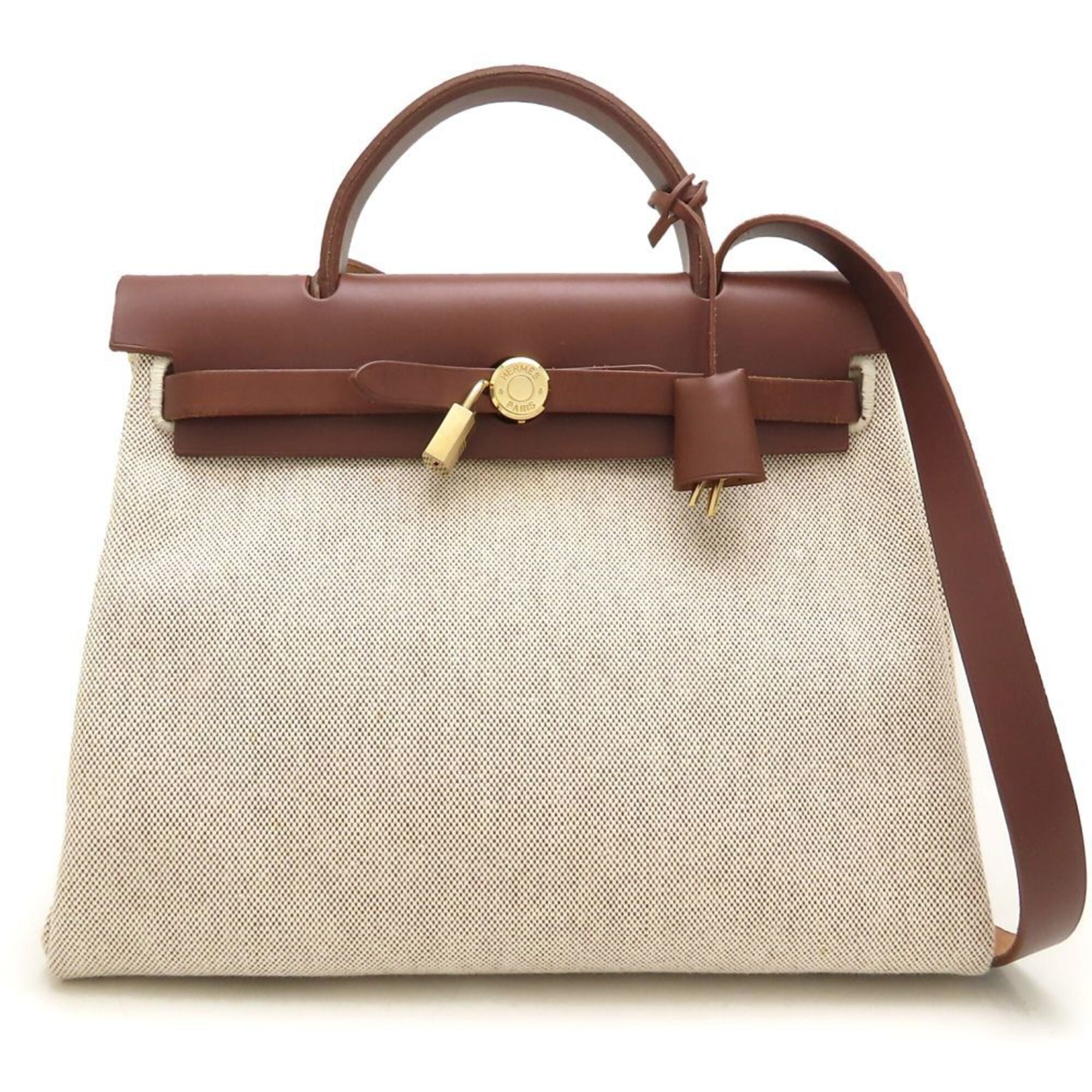Hermes Her Bag Beige Brown Toile Officier Leather Shoulder Bag (Pre-Owned)