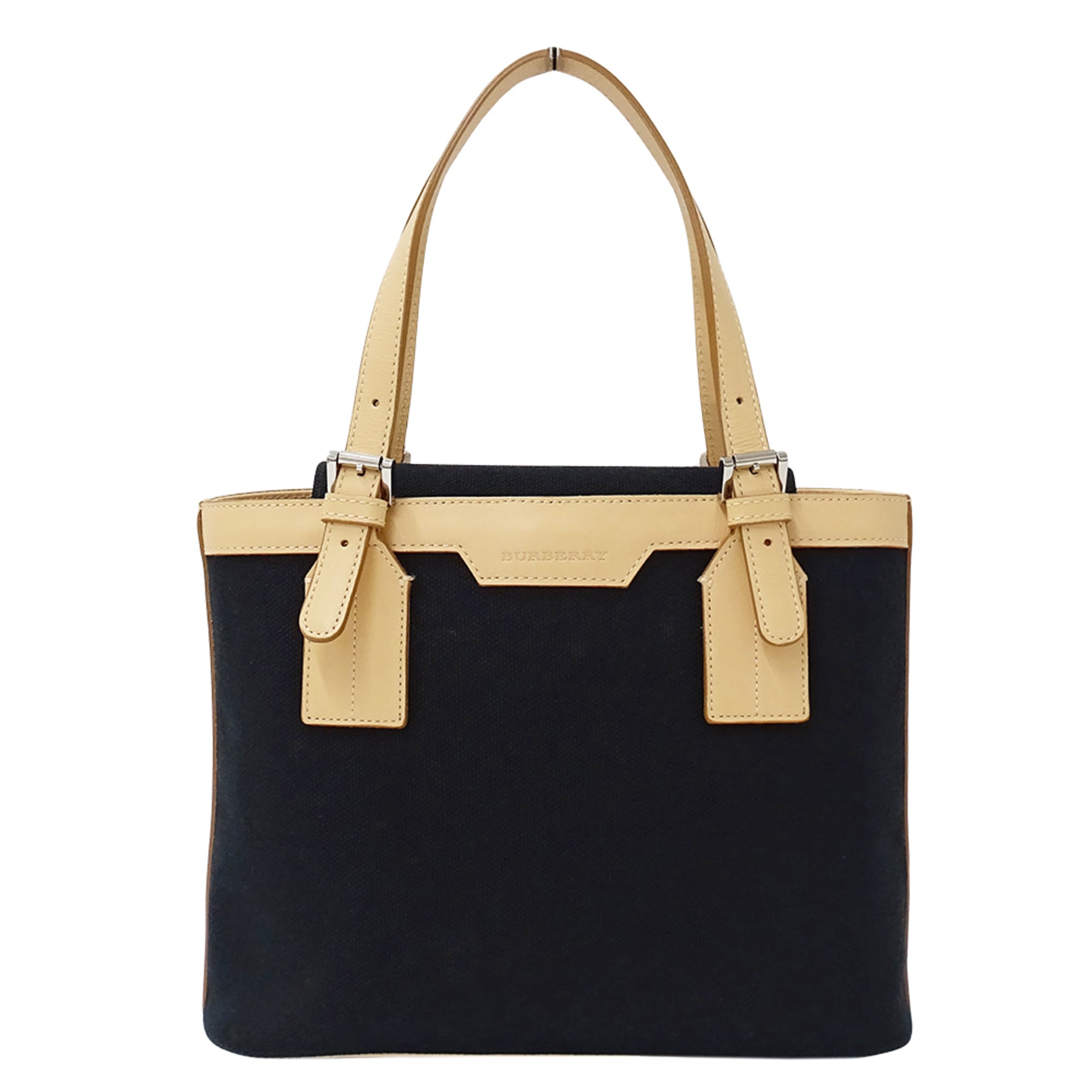 Burberry Beige Black Canvas Handbag Tote Bag (Pre-Owned)