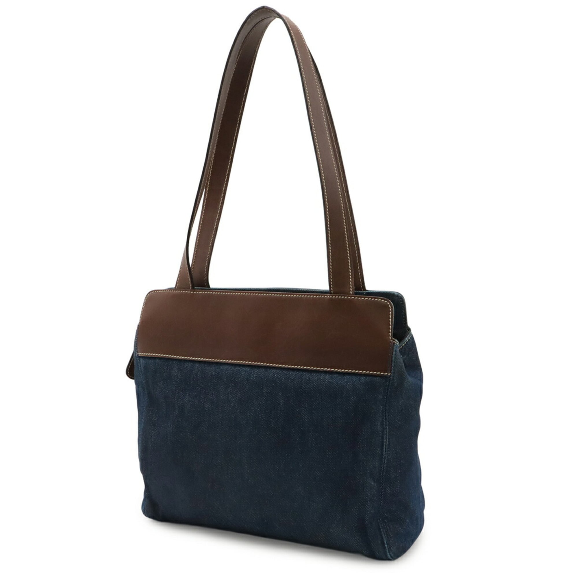 Chanel Blue Brown Dark Brown Denim Leather Shoulder Bag Tote Bag (Pre-Owned)