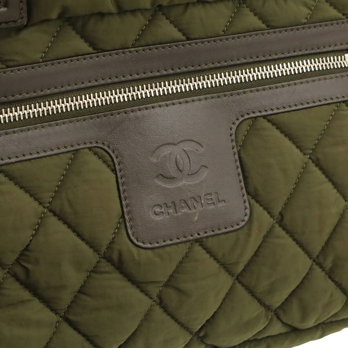 Chanel Green Khaki Nylon Leather Handbag Tote Bag (Pre-Owned)