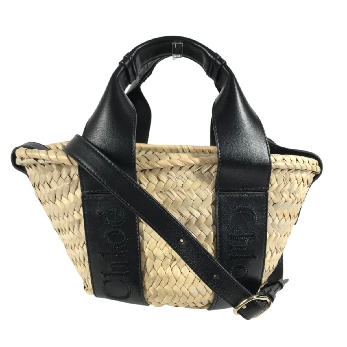 Chloé Beige Black Raffia Leather Basket Handbag Shoulder Bag Tote Bag (Pre-Owned)