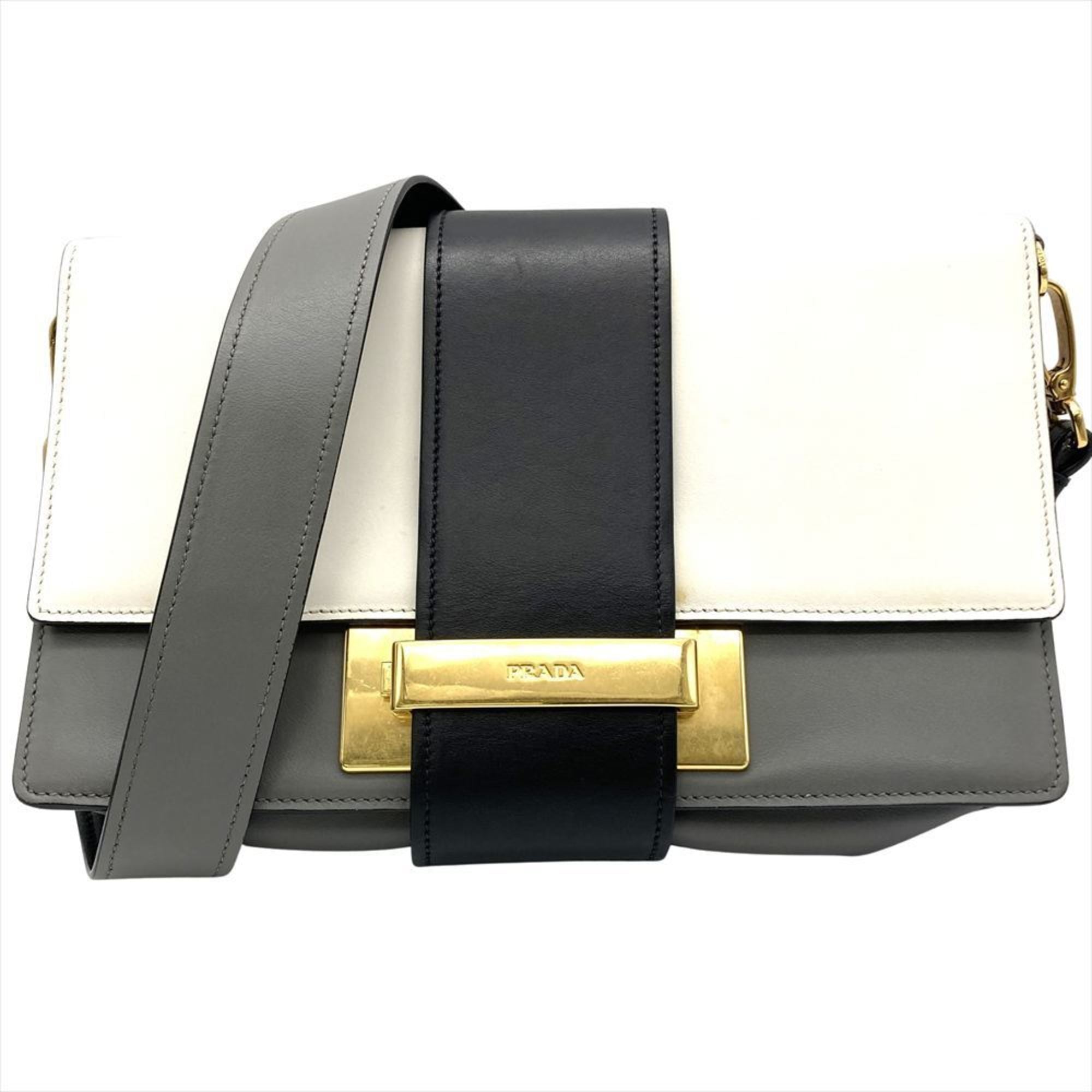 Prada Gray Multi-Color White Leather Shoulder Bag (Pre-Owned)