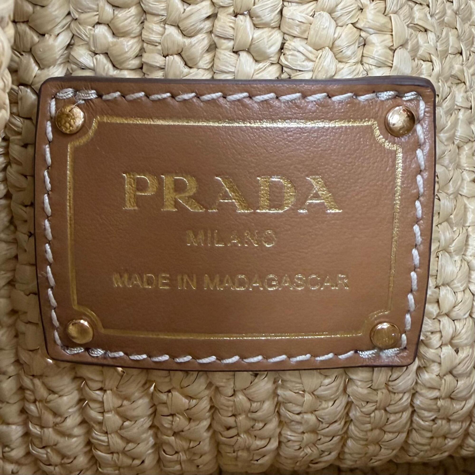 Prada Leather Raffia Handbag Shoulder Bag (Pre-Owned)