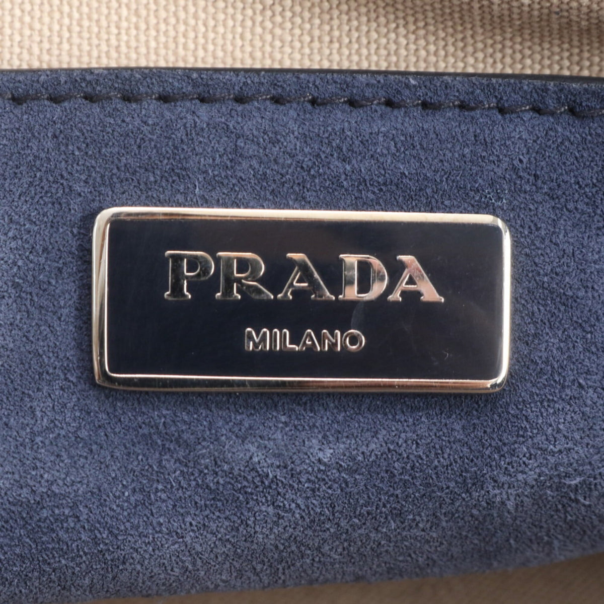 Prada Beige Navy Leather Canvas Handbag Shoulder Bag Tote Bag (Pre-Owned)
