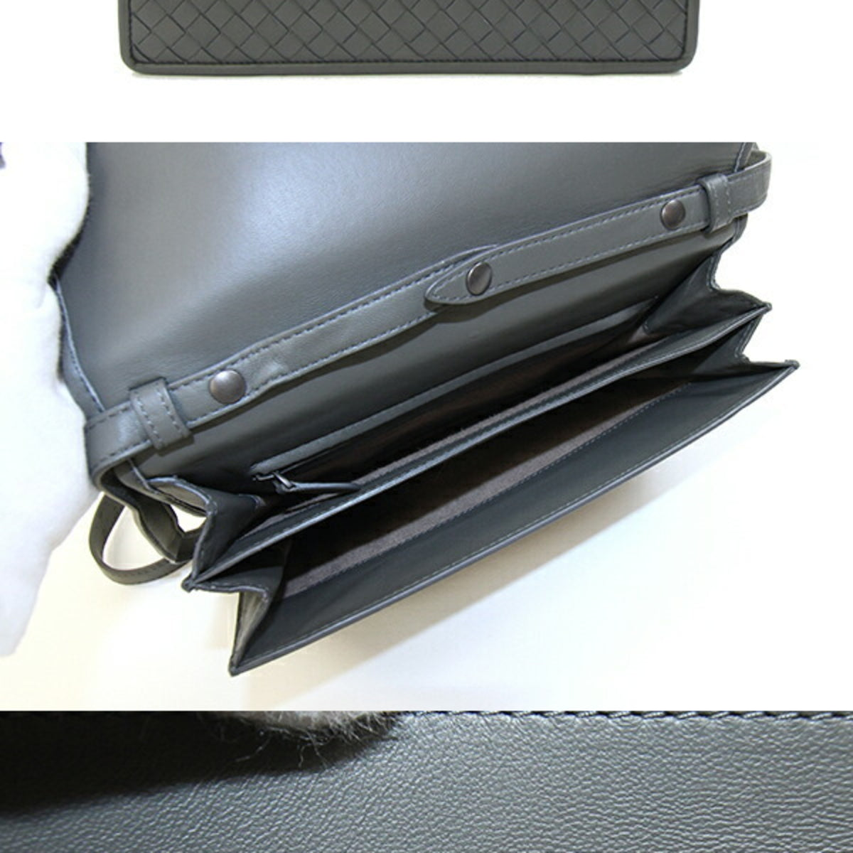 Bottega Veneta Intrecciato Dark Gray Leather Clutch Bag Shoulder Bag (Pre-Owned)