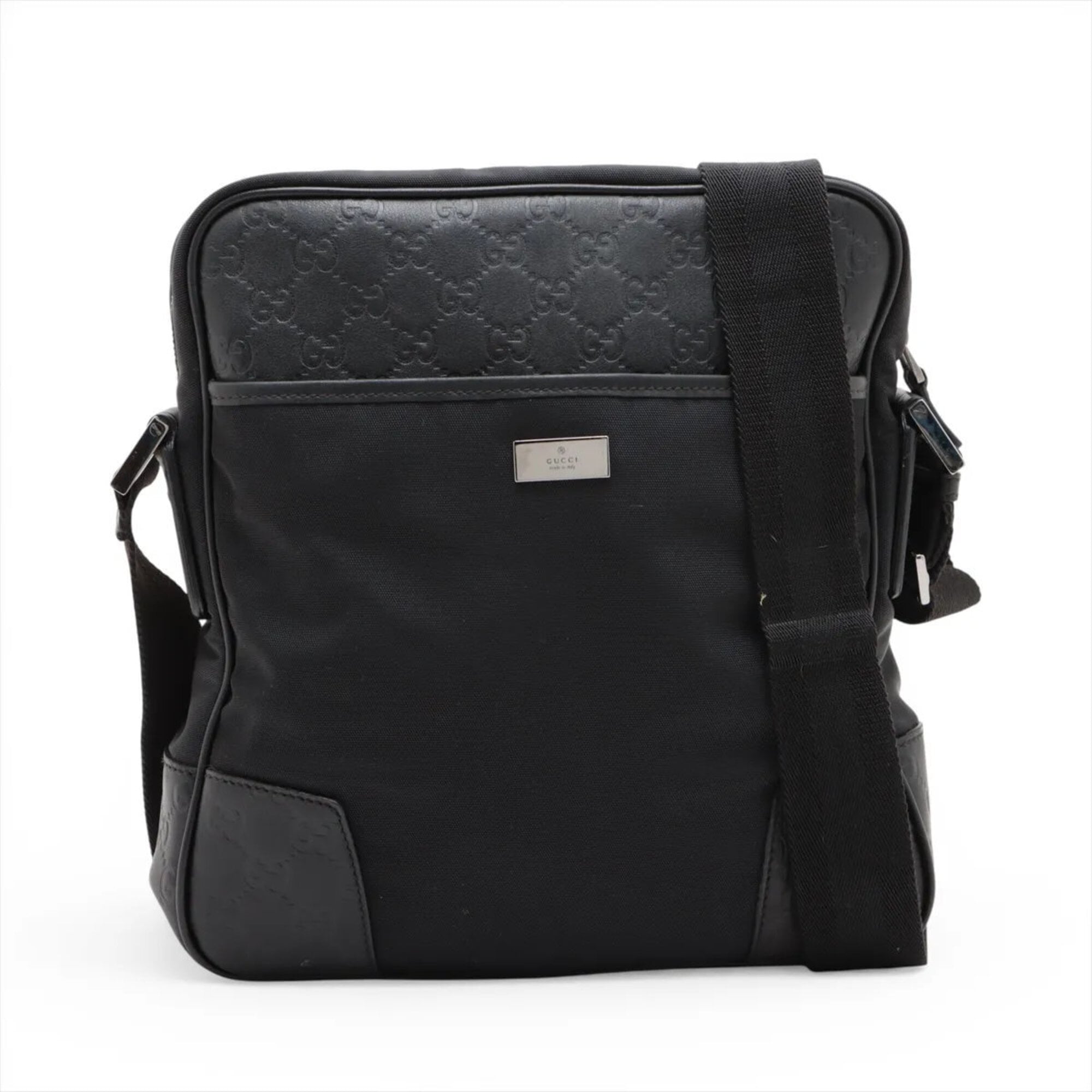 Gucci Black Leather Nylon Messenger Bag Shoulder Bag Tote Bag (Pre-Owned)