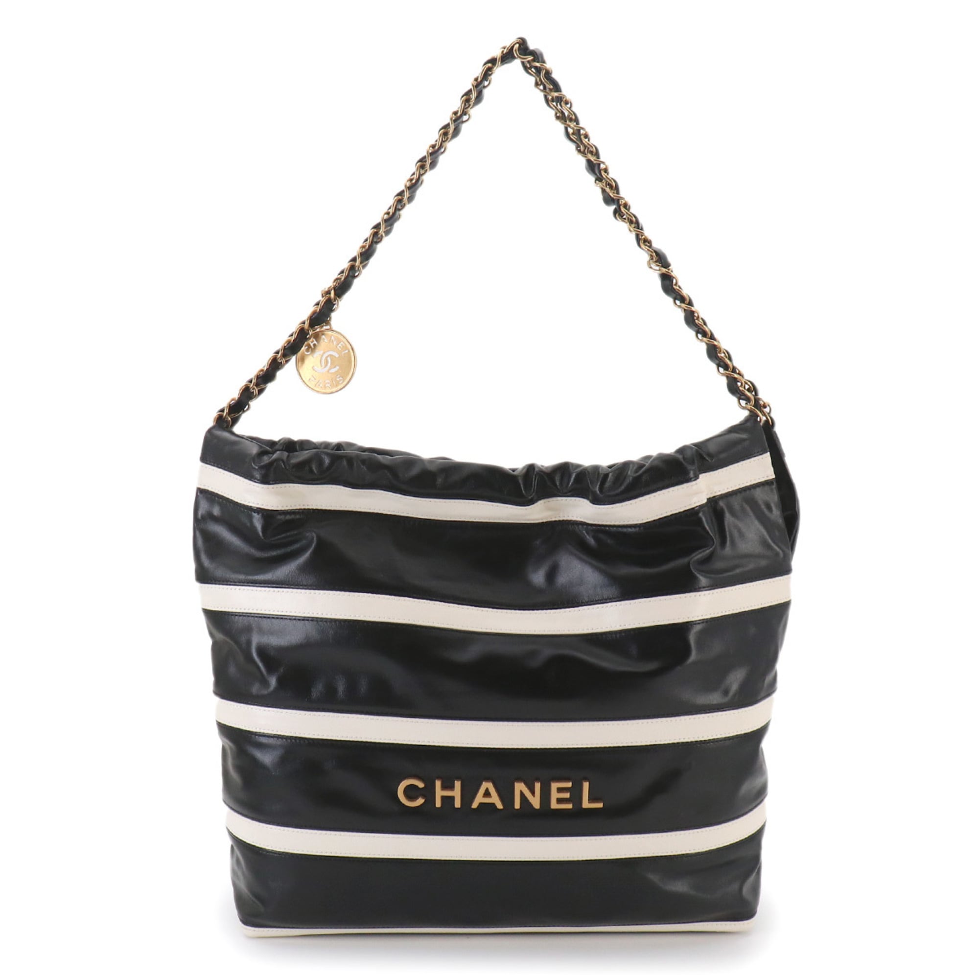 Chanel Black White Leather Handbag Pouch Shoulder Bag (Pre-Owned)