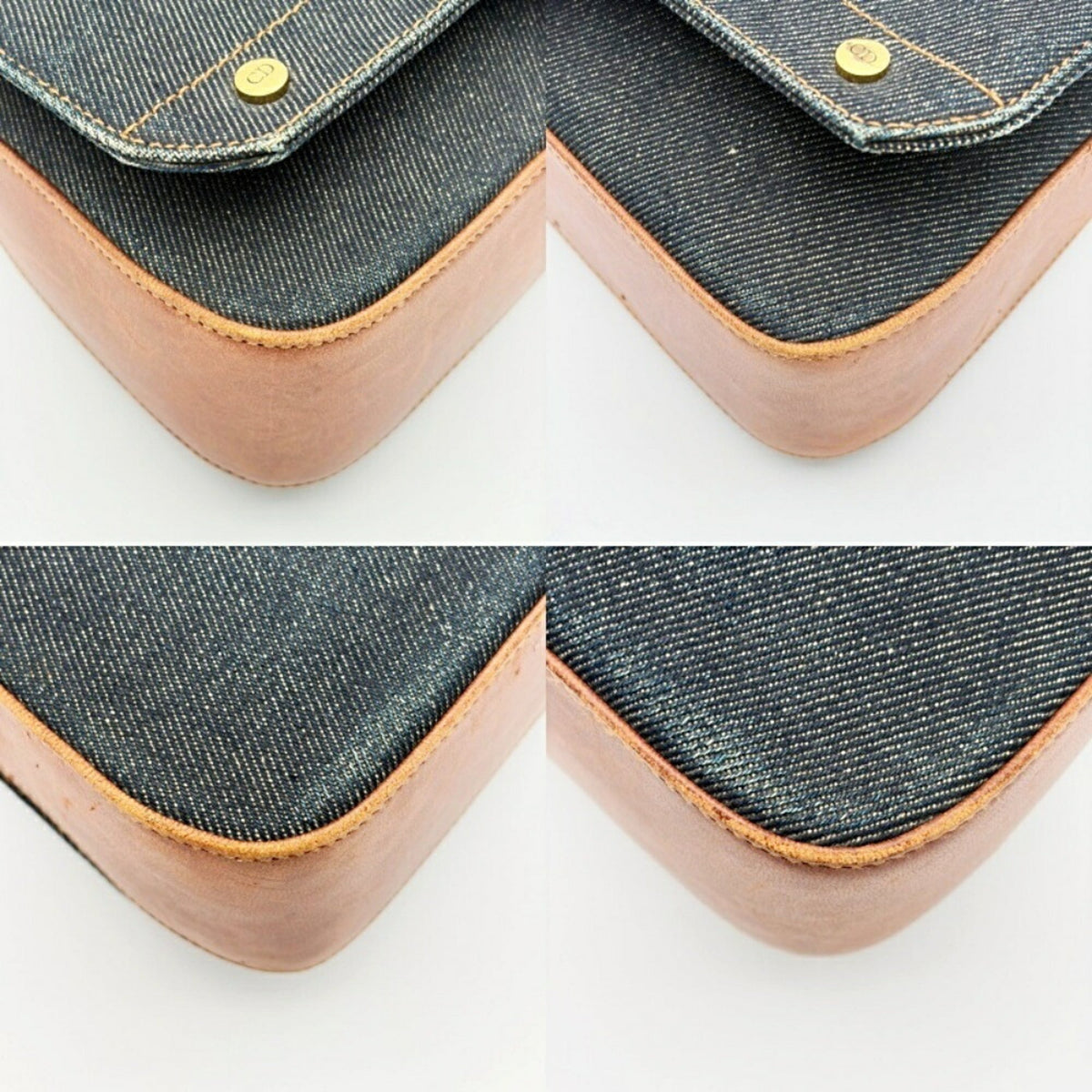 Christian Dior Brown Navy Denim Leather Shoulder Bag (Pre-Owned)