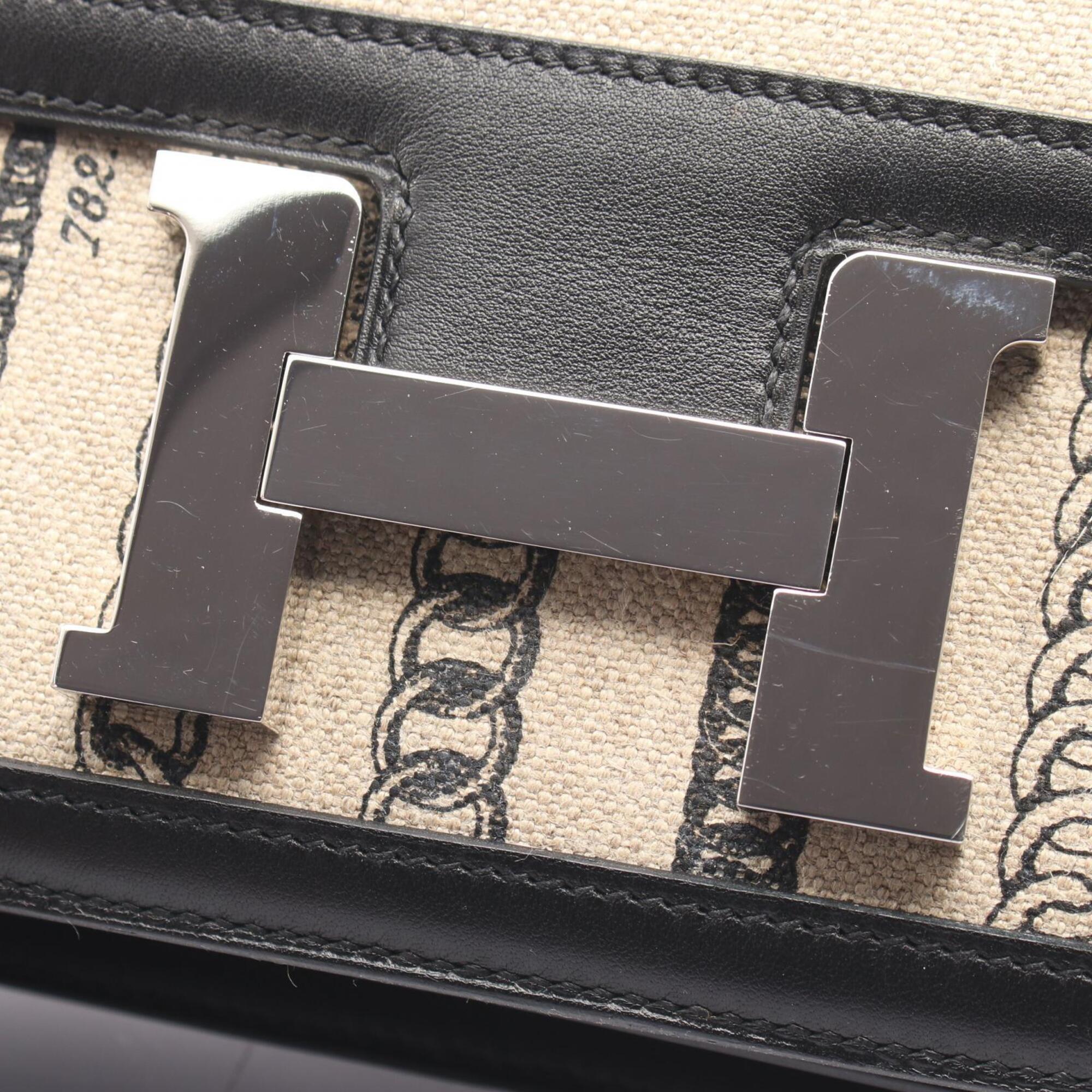 Hermes Beige Black Canvas Leather Swift Leather Handbag Shoulder Bag (Pre-Owned)