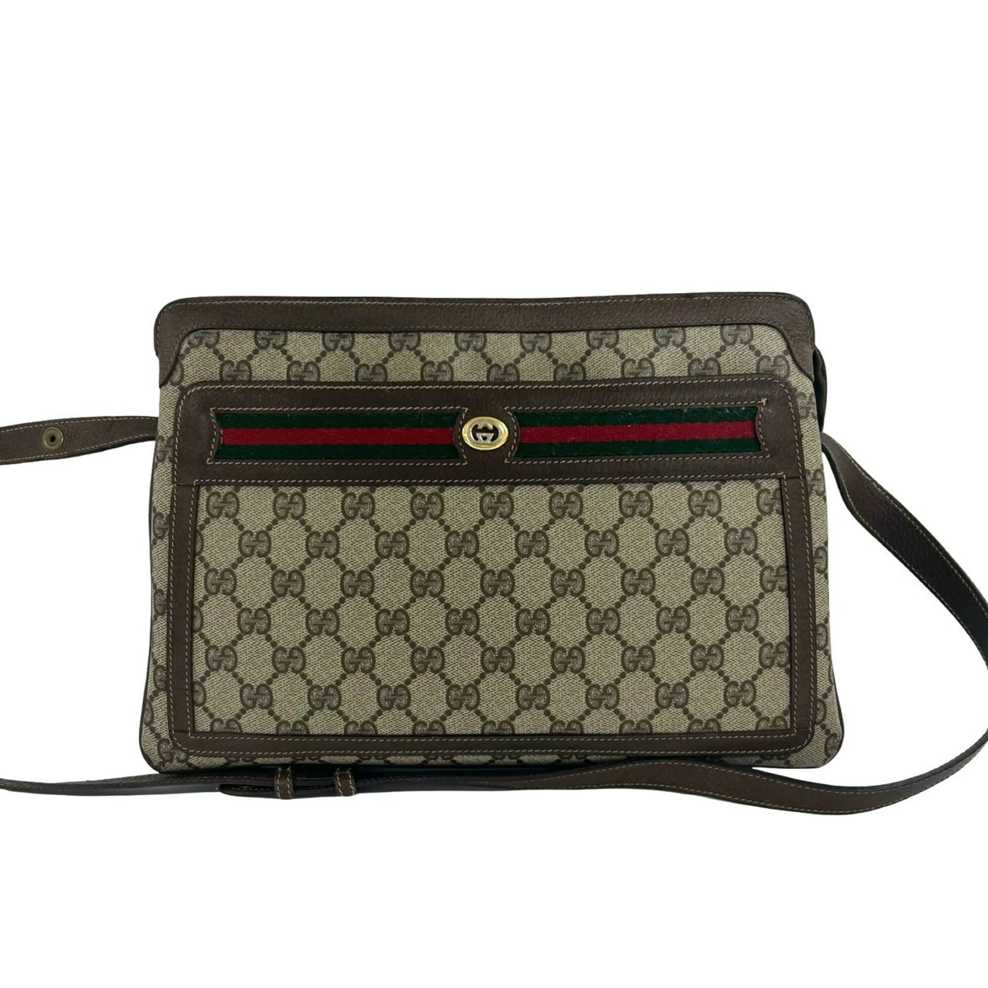 Gucci Brown Green Red Color Leather Pvc Shoulder Bag (Pre-Owned)